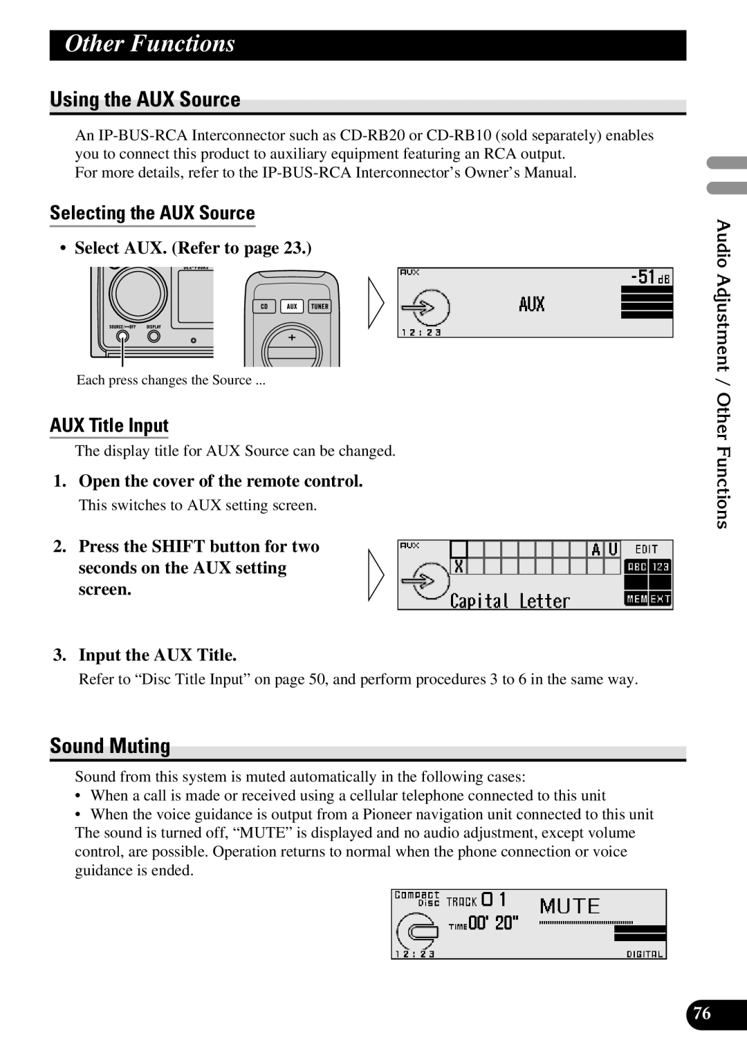 Pioneer DEX-P90RS Other Functions, Using the AUX Source, Sound Muting, Selecting the AUX Source, AUX Title Input 