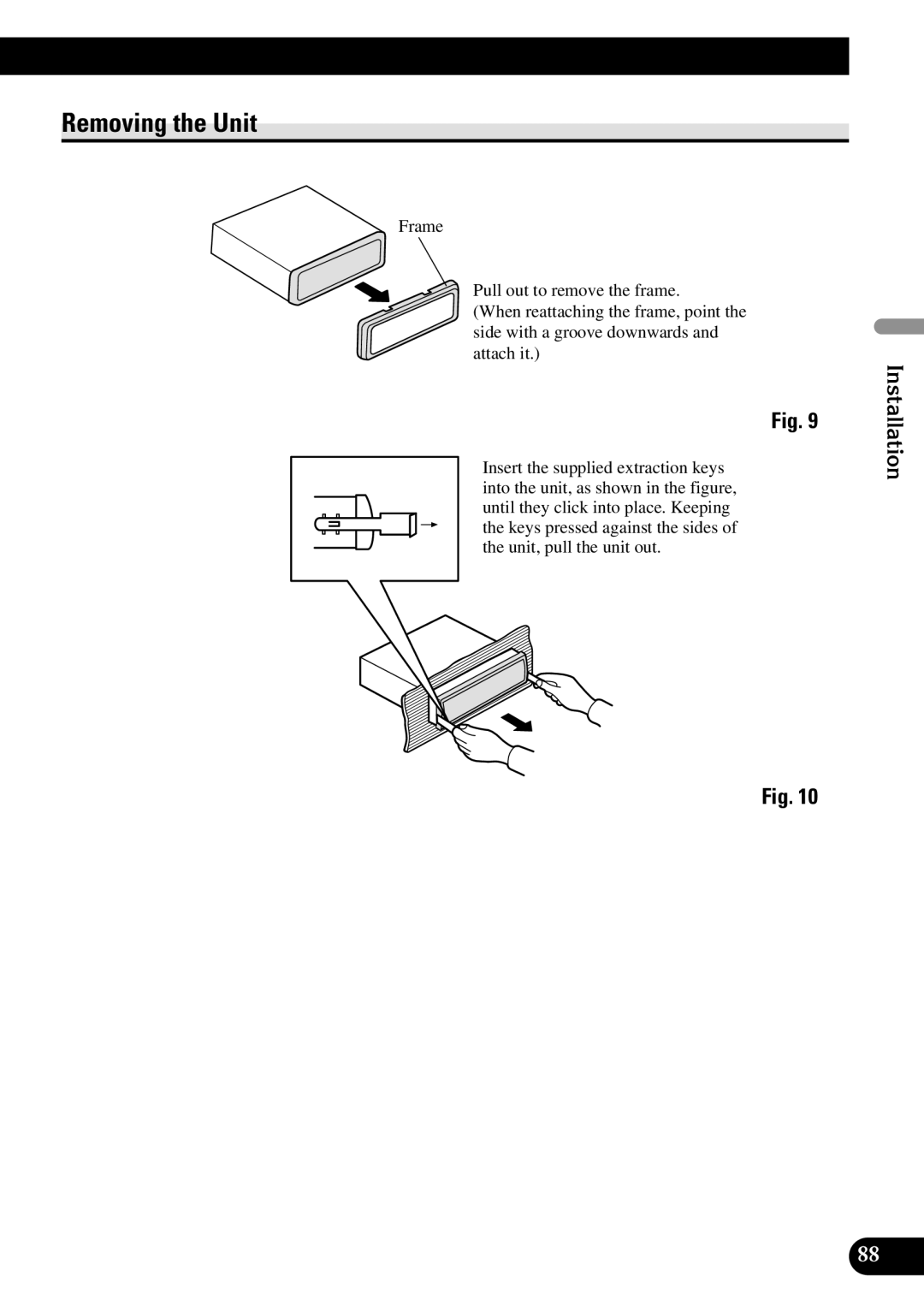 Pioneer DEX-P90RS owner manual Removing the Unit, Installation 