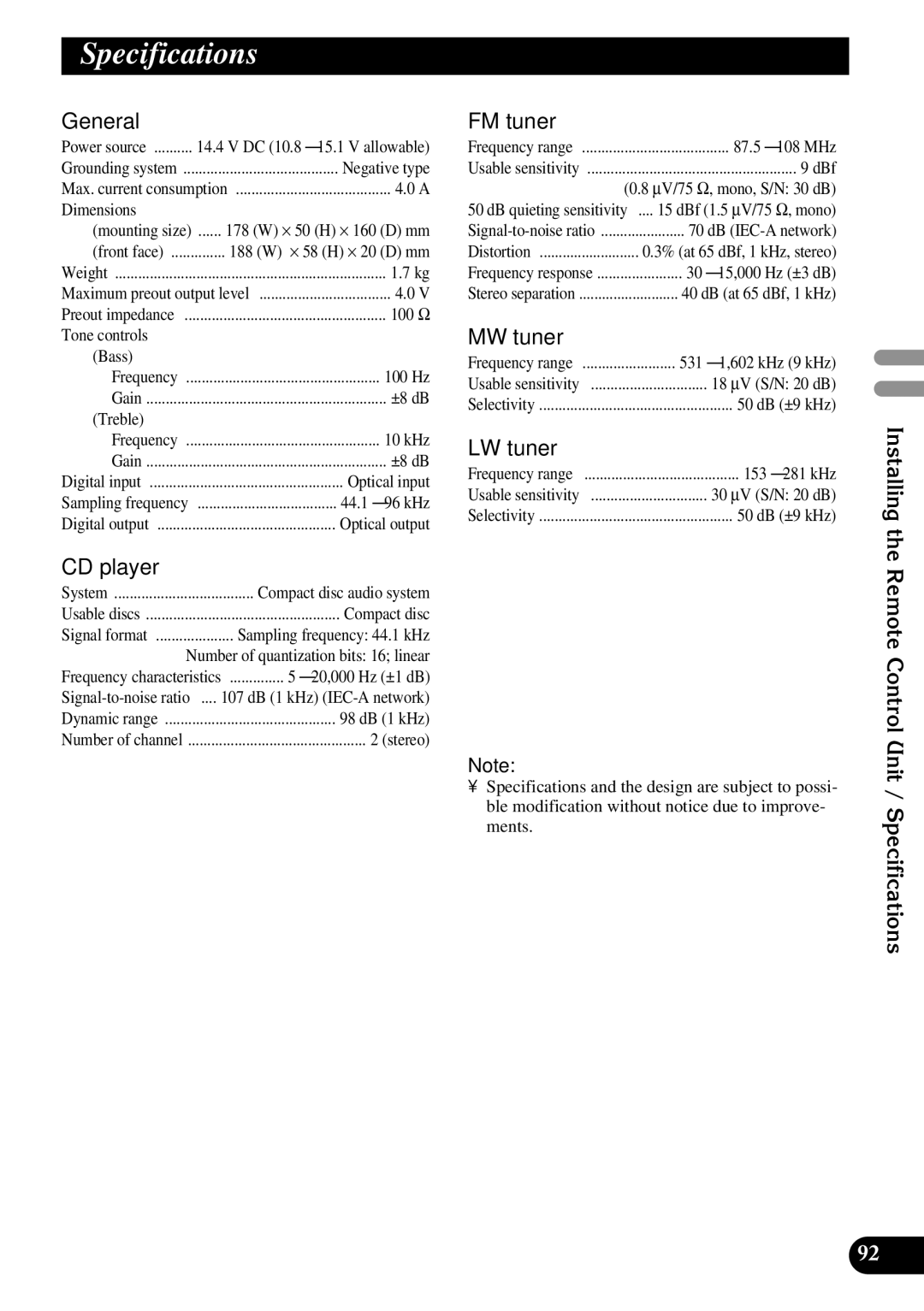 Pioneer DEX-P90RS owner manual Specifications 