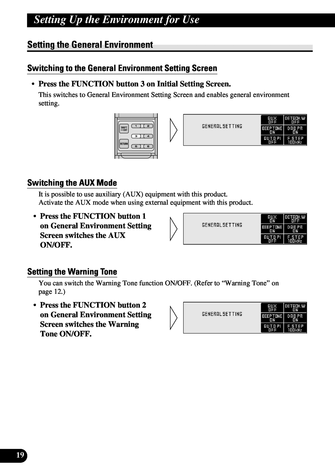 Pioneer DEX-P90RS owner manual Setting the General Environment, Switching the AUX Mode, Setting the Warning Tone 
