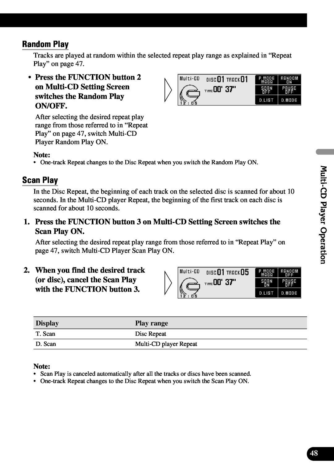 Pioneer DEX-P90RS owner manual Random Play, Scan Play, Multi-CDPlayer Operation 