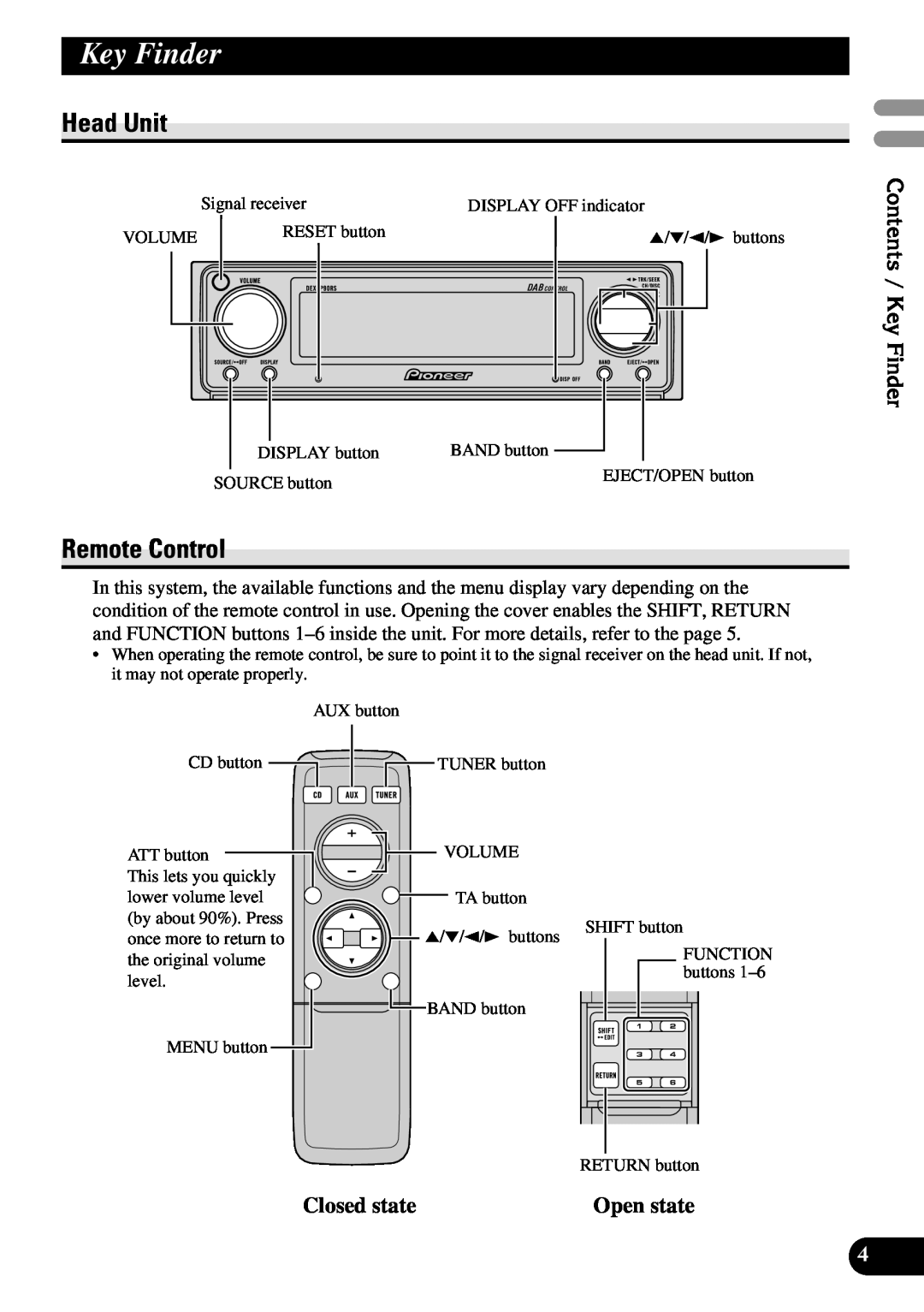Pioneer DEX-P90RS owner manual Key Finder, Head Unit, Remote Control 