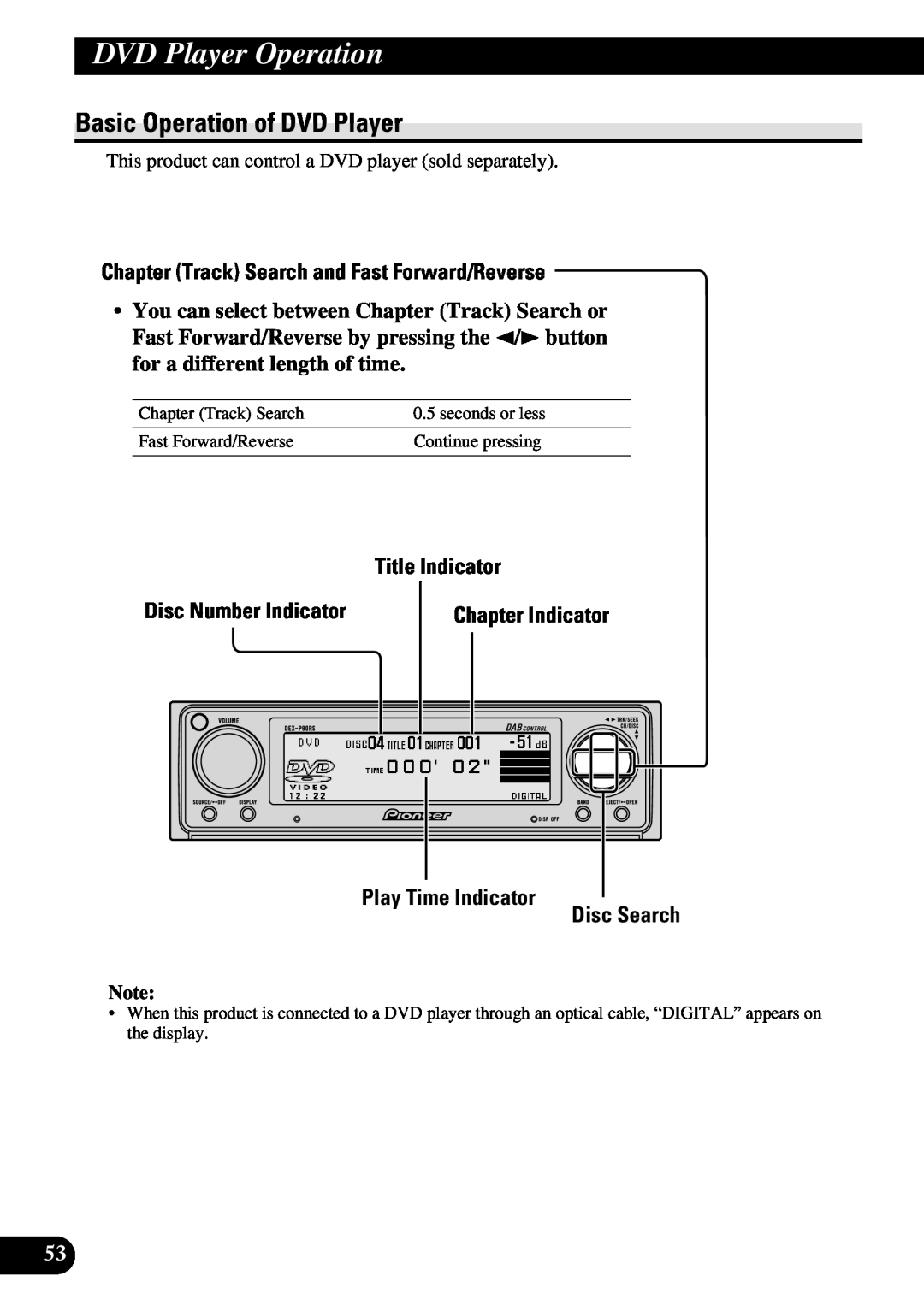 Pioneer DEX-P90RS DVD Player Operation, Basic Operation of DVD Player, Chapter Track Search and Fast Forward/Reverse 