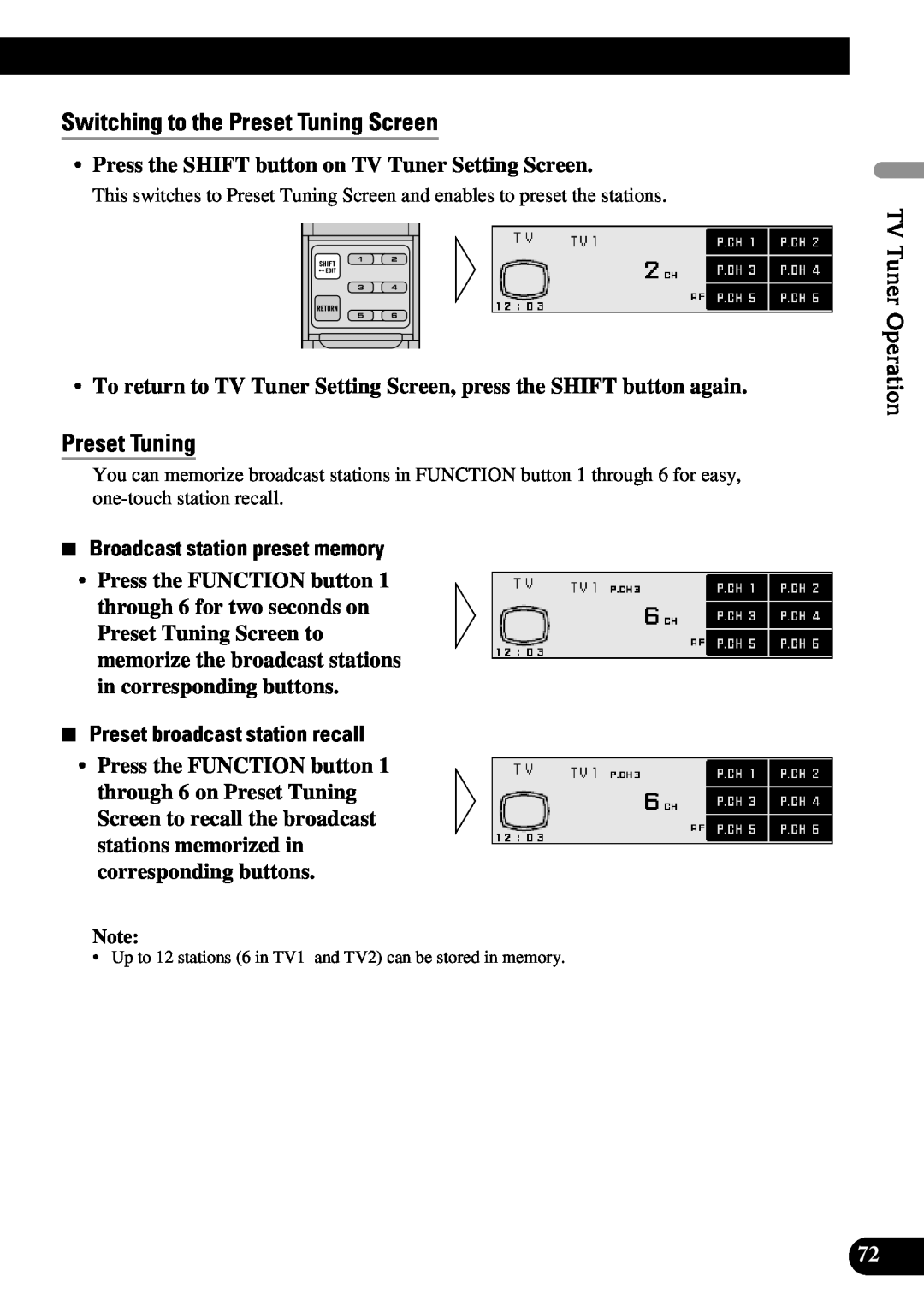 Pioneer DEX-P90RS owner manual Switching to the Preset Tuning Screen, Press the SHIFT button on TV Tuner Setting Screen 