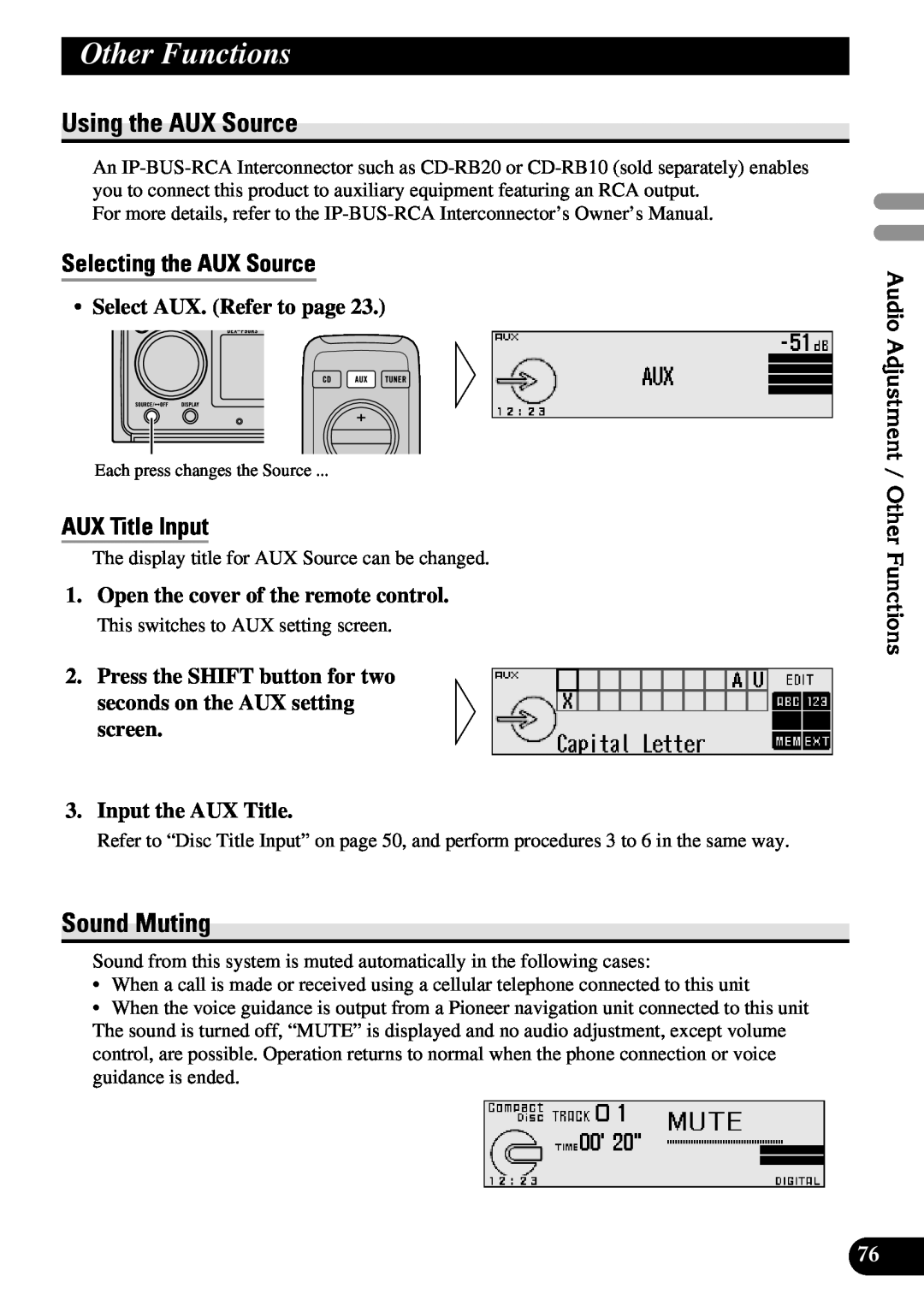 Pioneer DEX-P90RS Other Functions, Using the AUX Source, Sound Muting, Selecting the AUX Source, AUX Title Input 