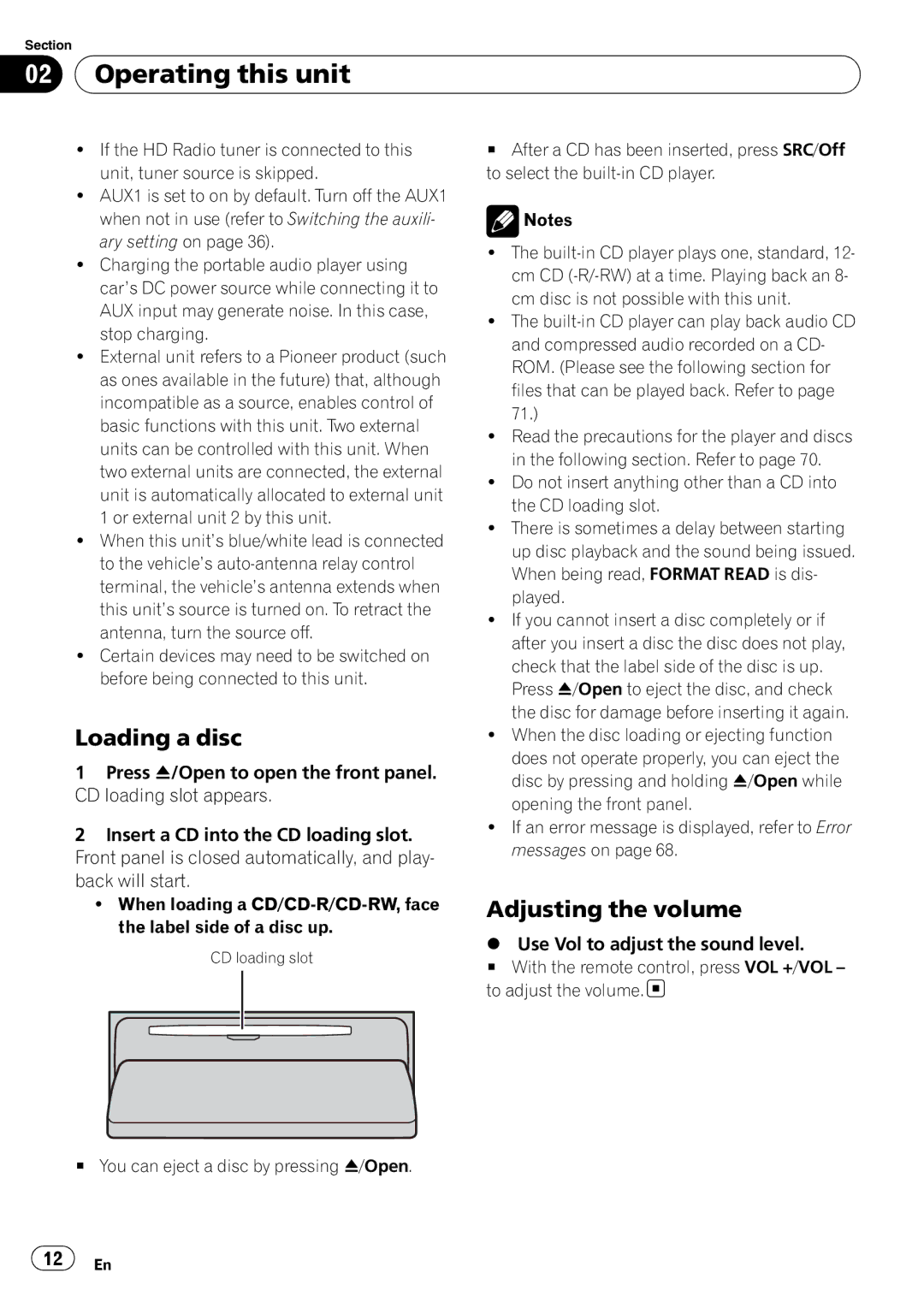 Pioneer DEX-P99RS operation manual Loading a disc, Adjusting the volume 