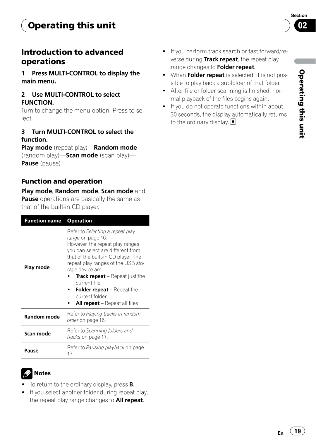 Pioneer DEX-P99RS operation manual Function and operation, Function name Operation 