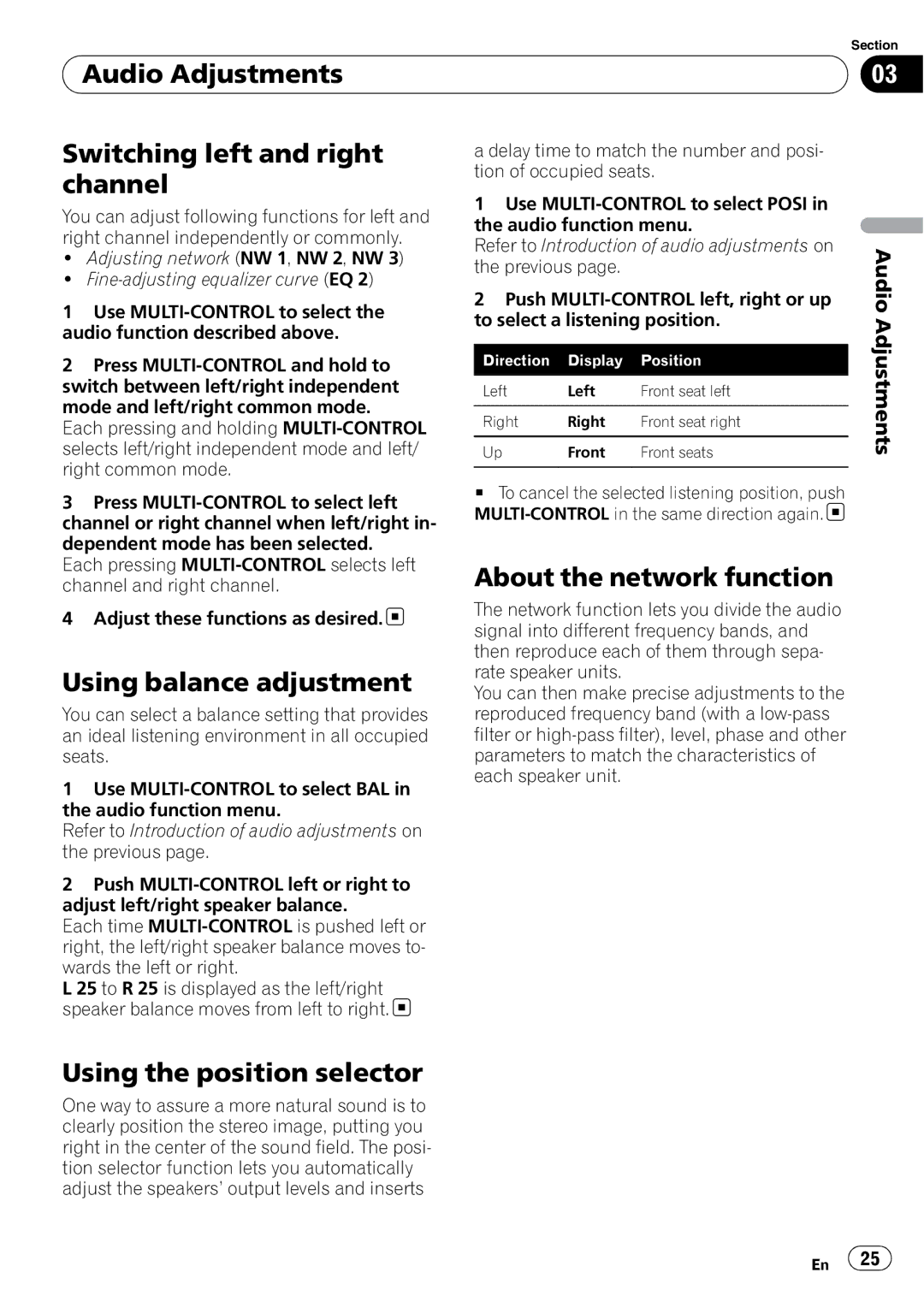 Pioneer DEX-P99RS Audio Adjustments Switching left and right channel, Using balance adjustment, About the network function 