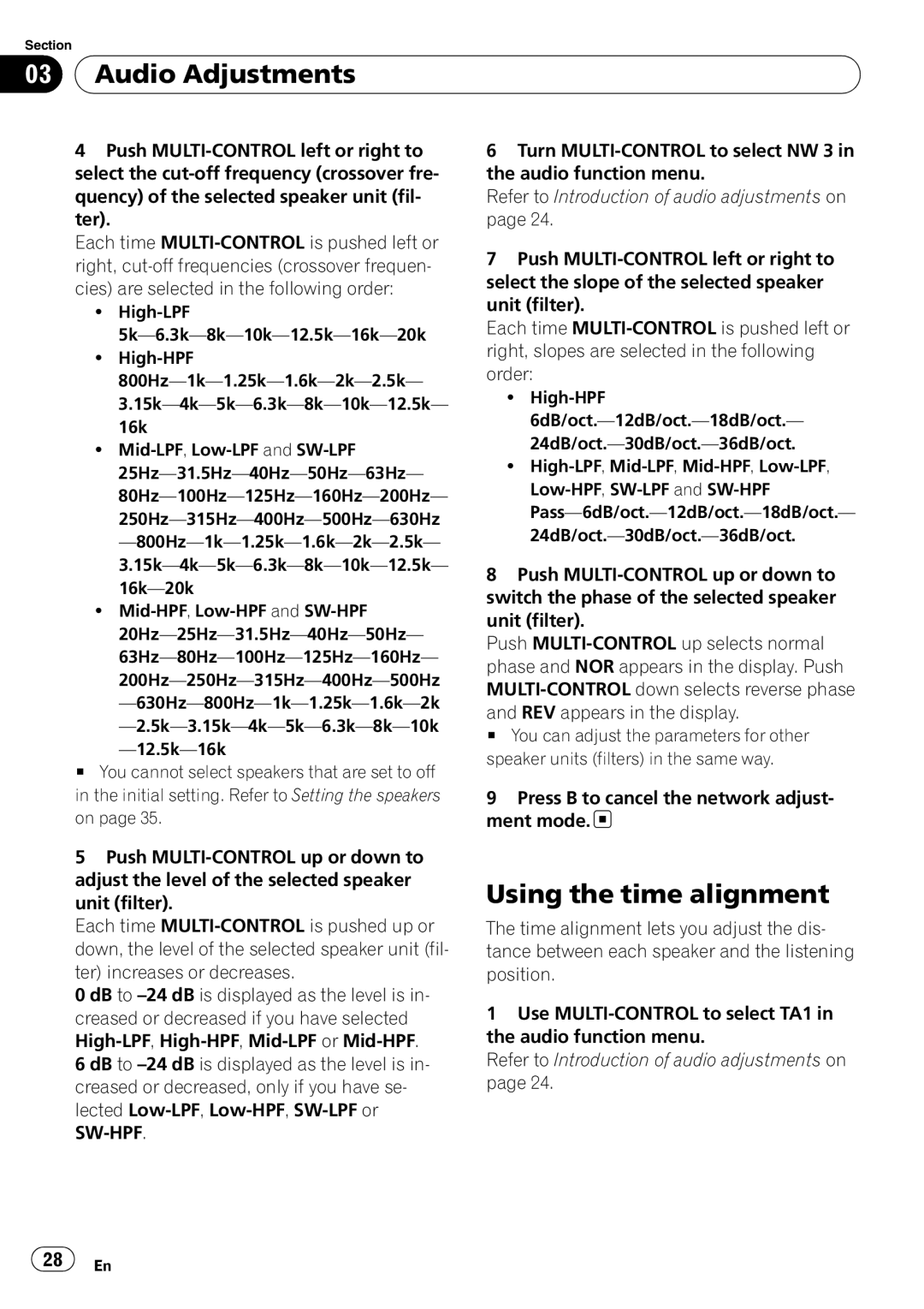 Pioneer DEX-P99RS operation manual Using the time alignment, Press B to cancel the network adjust- ment mode 