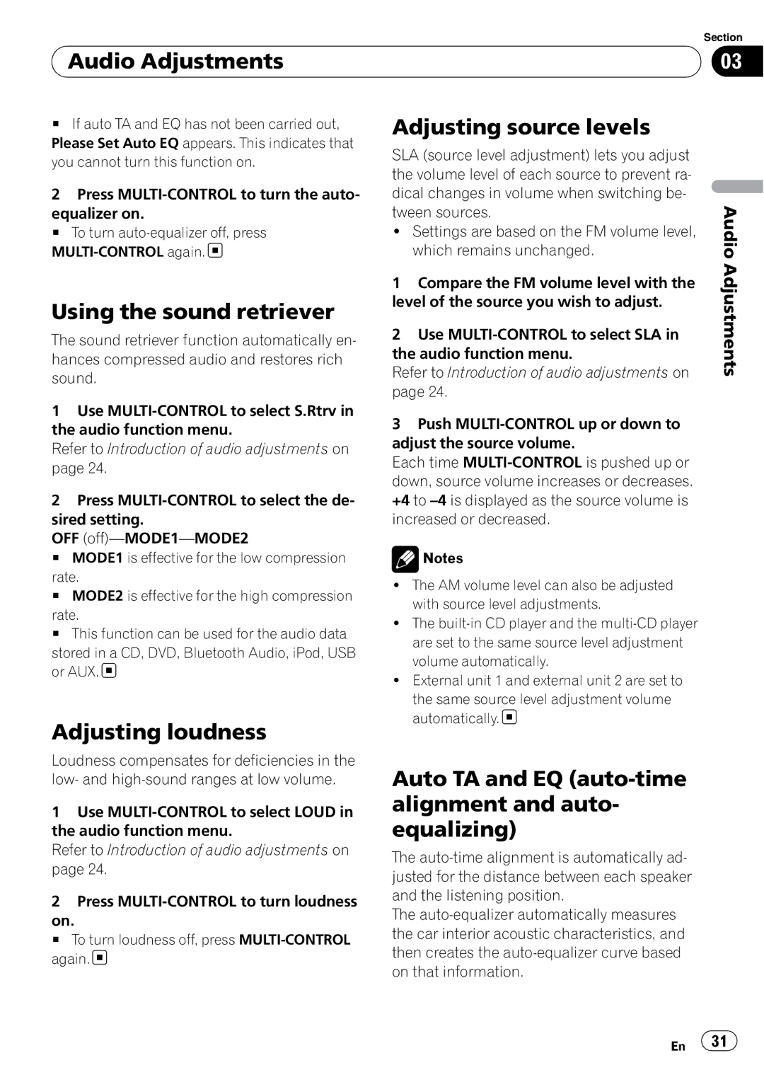 Pioneer DEX-P99RS operation manual Adjusting source levels, Using the sound retriever, Adjusting loudness 