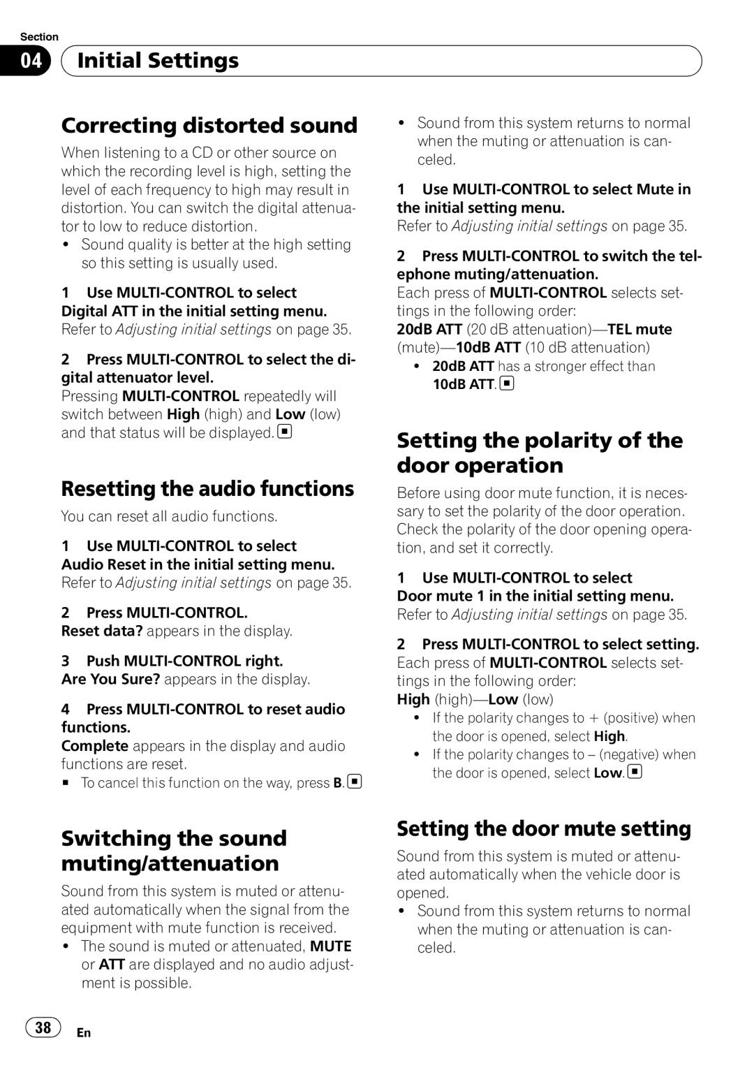 Pioneer DEX-P99RS operation manual Initial Settings Correcting distorted sound, Setting the polarity, Door operation 