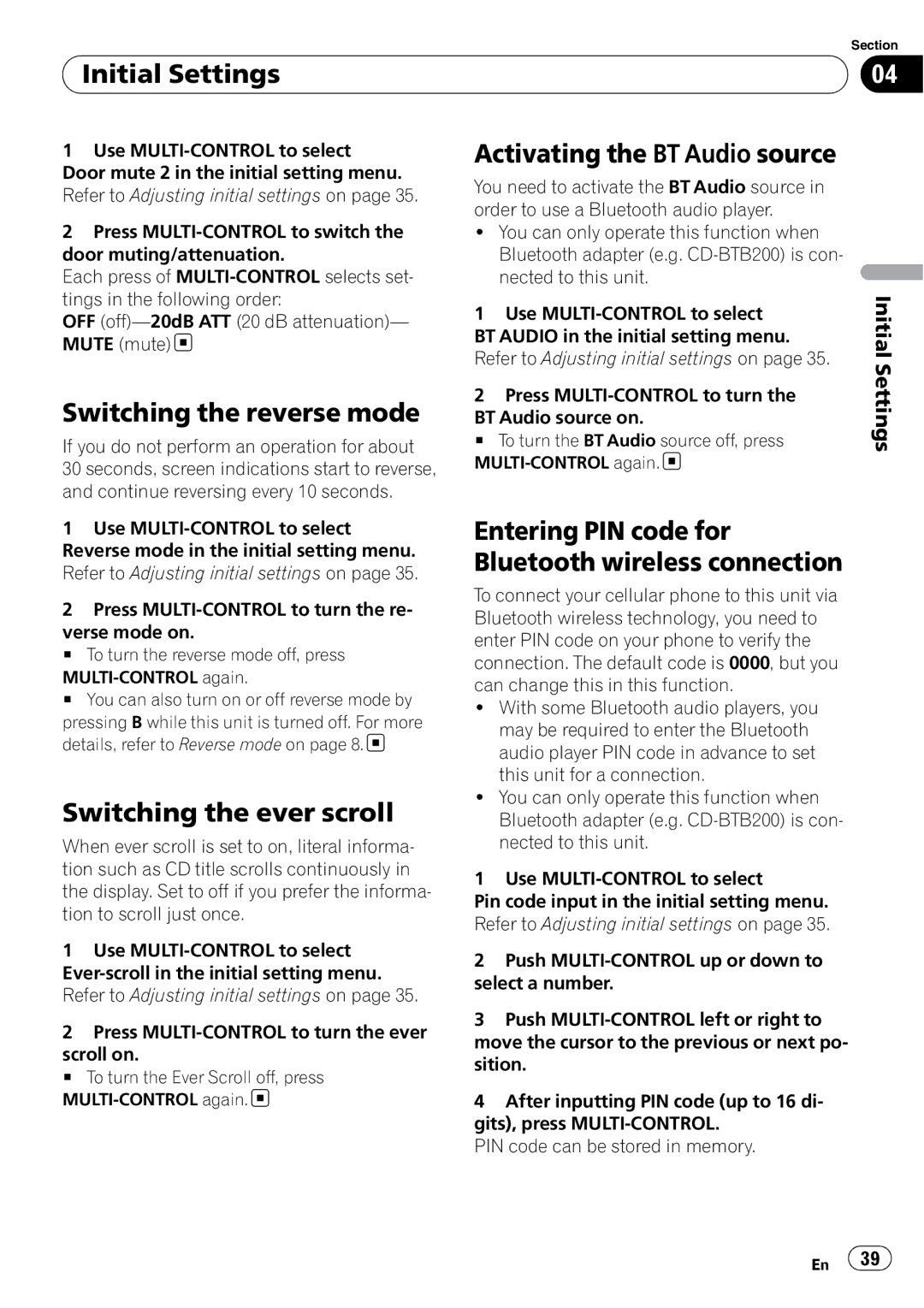 Pioneer DEX-P99RS operation manual Switching the reverse mode, Activating the BT Audio source, Switching the ever scroll 