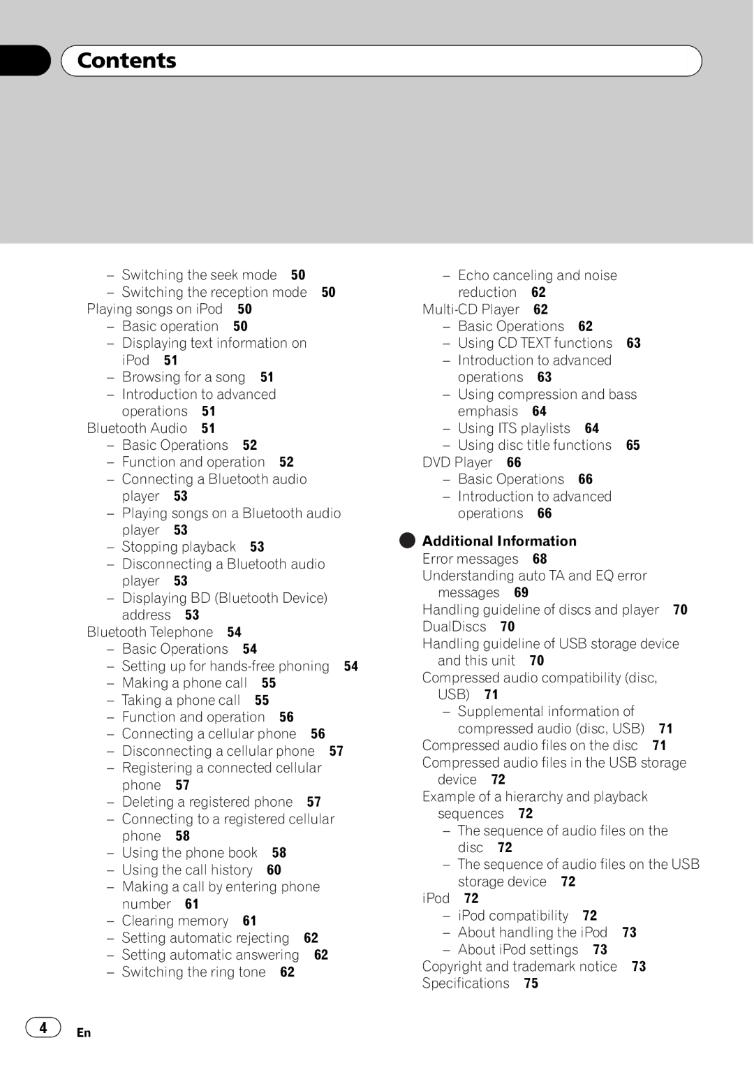 Pioneer DEX-P99RS operation manual Switching the seek mode, Switching the reception mode, Specifications 