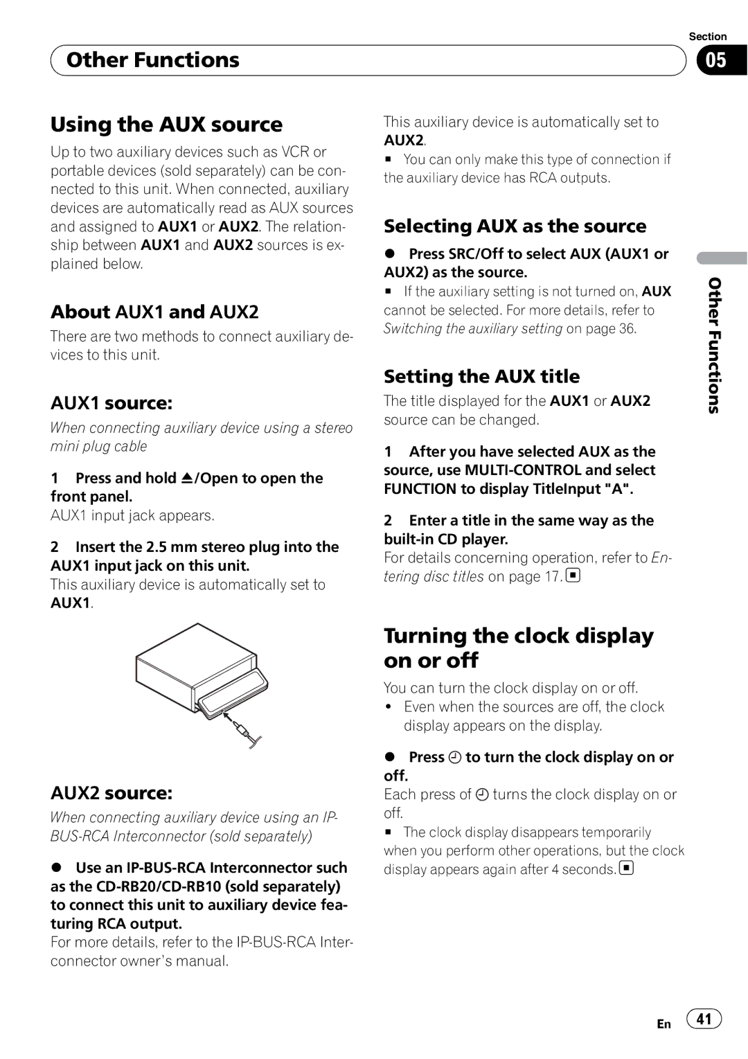 Pioneer DEX-P99RS operation manual Other Functions Using the AUX source, Turning the clock display on or off 