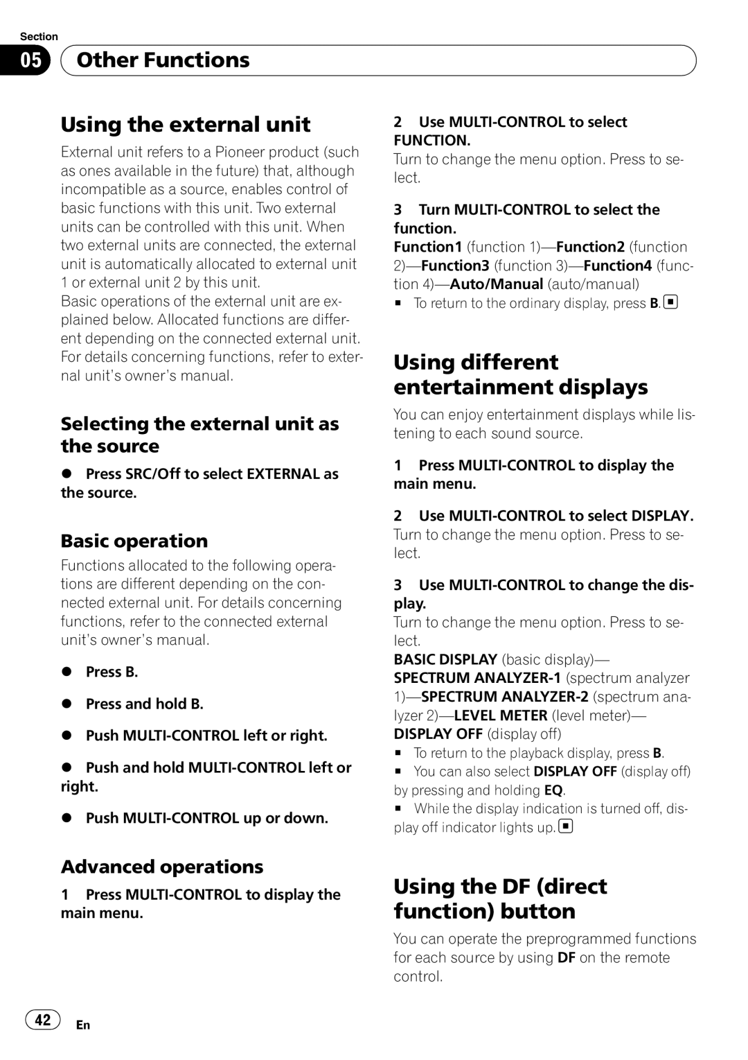 Pioneer DEX-P99RS operation manual Other Functions Using the external unit, Using different, Entertainment displays 