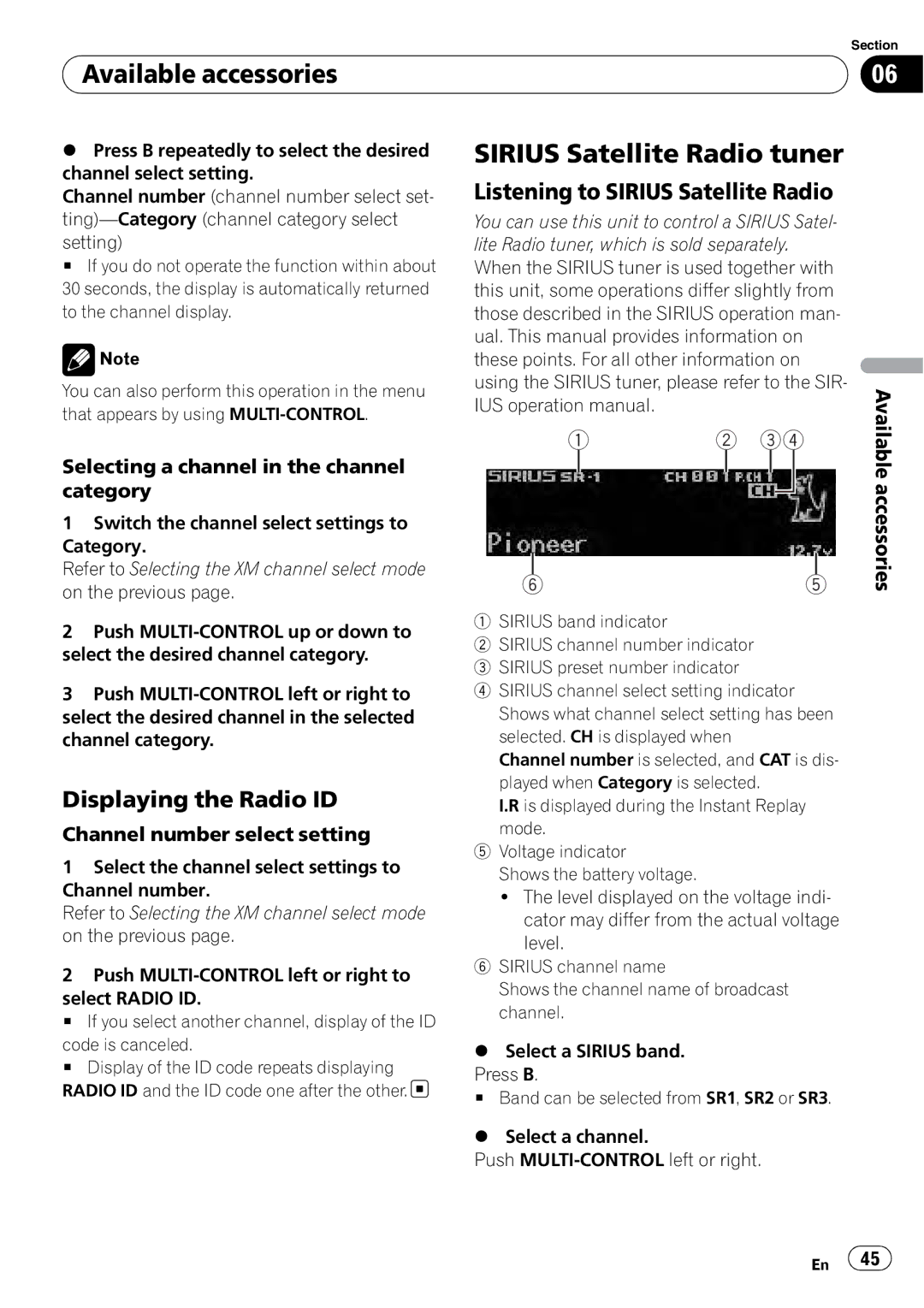 Pioneer DEX-P99RS operation manual Available accessories, Sirius Satellite Radio tuner, Displaying the Radio ID 