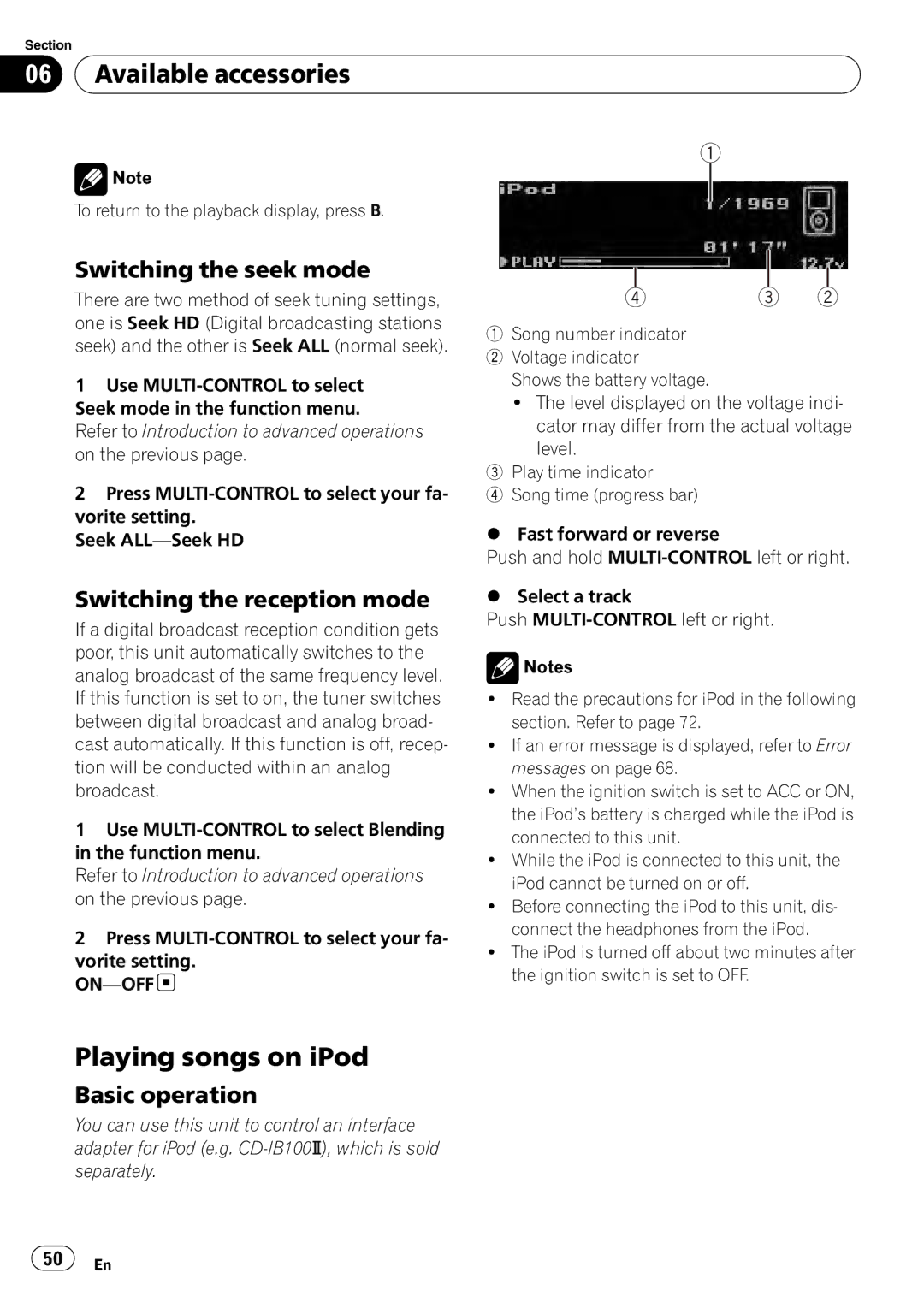 Pioneer DEX-P99RS Switching the seek mode, Switching the reception mode, To return to the playback display, press B 