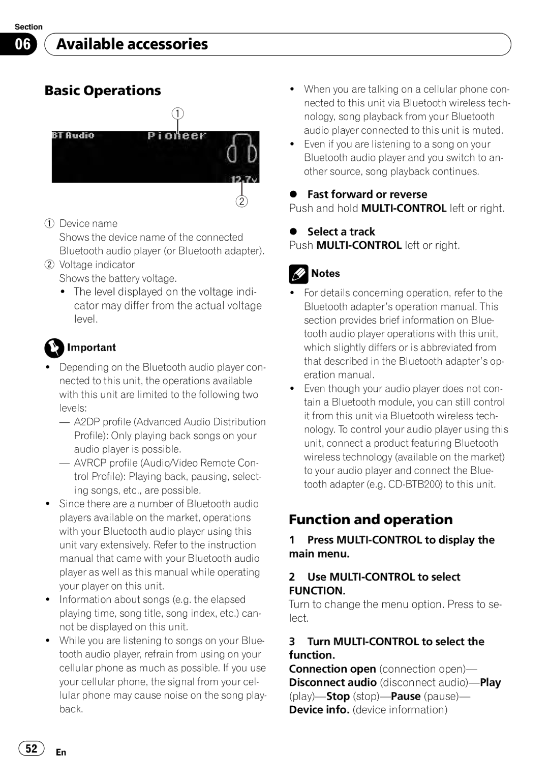 Pioneer DEX-P99RS operation manual Function and operation, Device name 