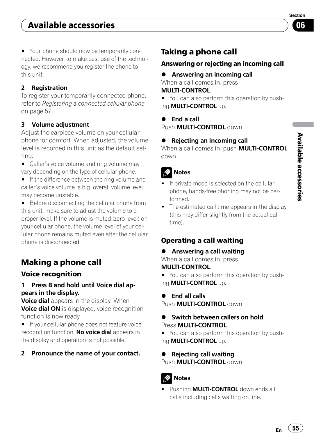 Pioneer DEX-P99RS Making a phone call, Taking a phone call, Voice recognition, Answering or rejecting an incoming call 