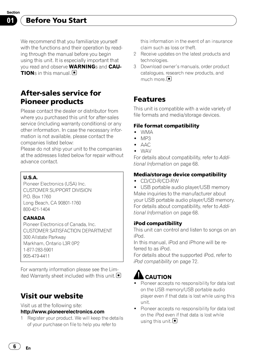 Pioneer DEX-P99RS operation manual After-sales service for Pioneer products, Visit our website, Features 