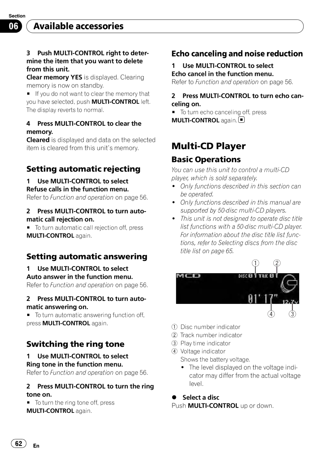 Pioneer DEX-P99RS Multi-CD Player, Echo canceling and noise reduction, Basic Operations Setting automatic rejecting 