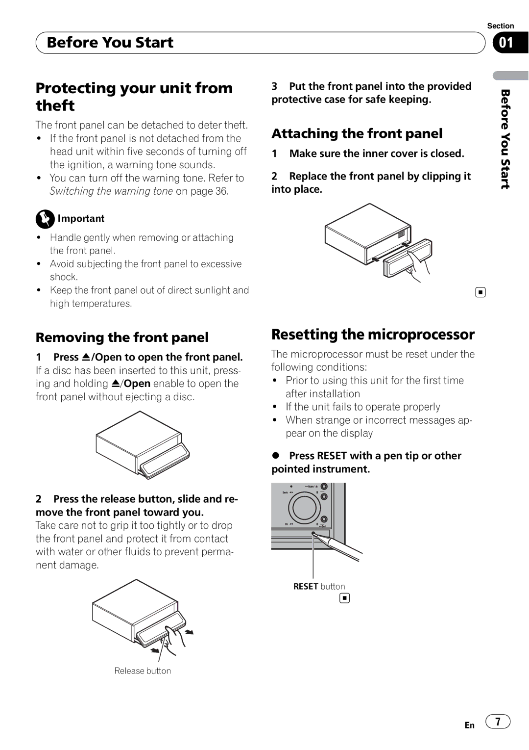 Pioneer DEX-P99RS Before You Start Protecting your unit from theft, Resetting the microprocessor, Removing the front panel 