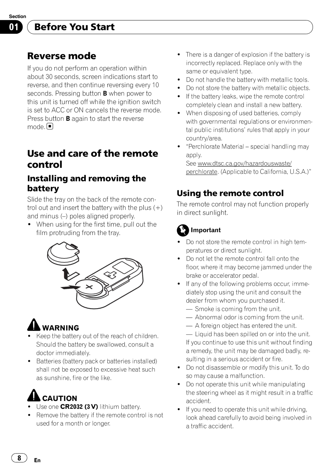 Pioneer DEX-P99RS Before You Start Reverse mode, Use and care of the remote, Control, Installing and removing 