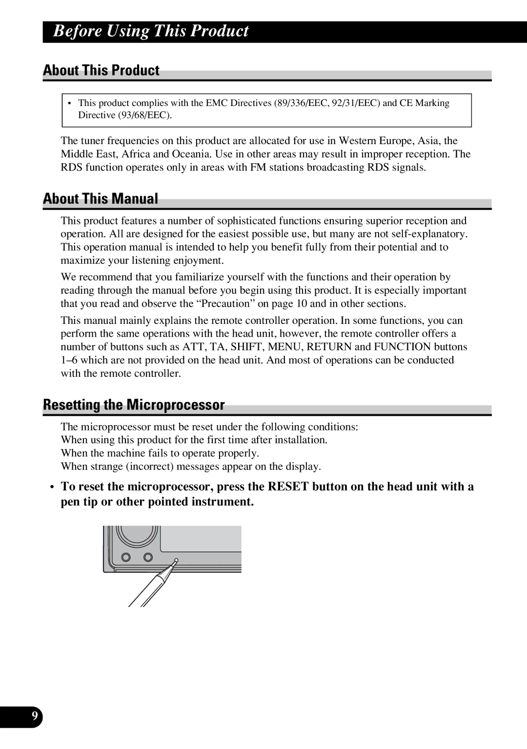 Pioneer DEX-P9R owner manual Before Using This Product, About This Product, About This Manual, Resetting the Microprocessor 