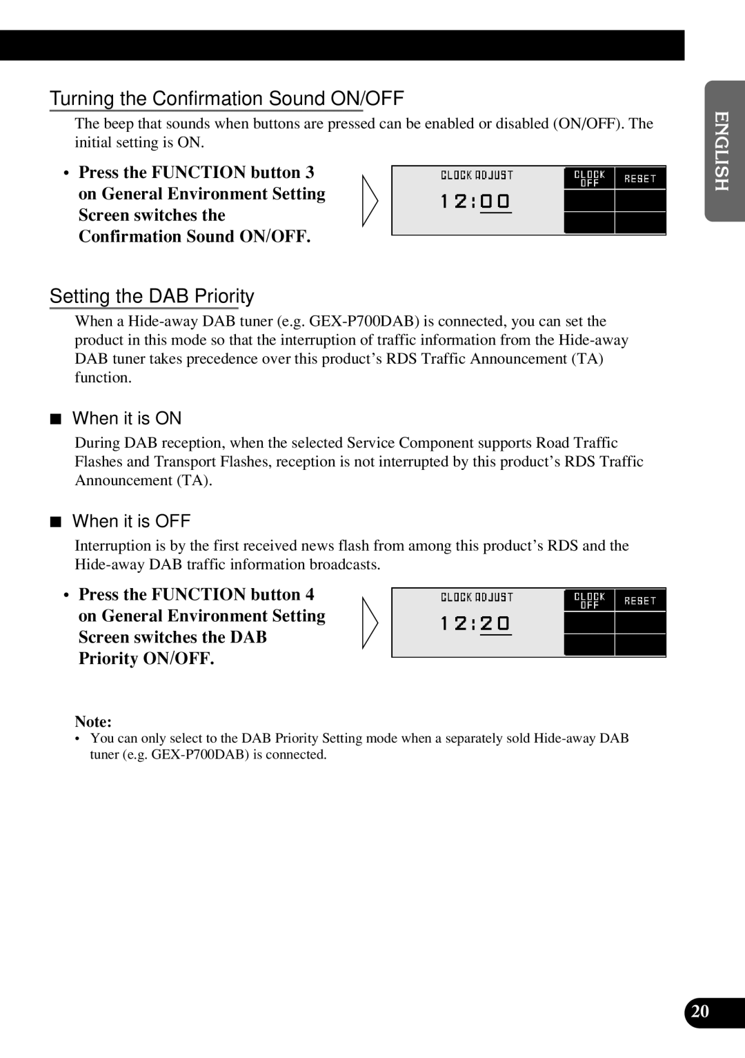 Pioneer DEX-P9R owner manual Turning the Confirmation Sound ON/OFF, Setting the DAB Priority, When it is on, When it is OFF 