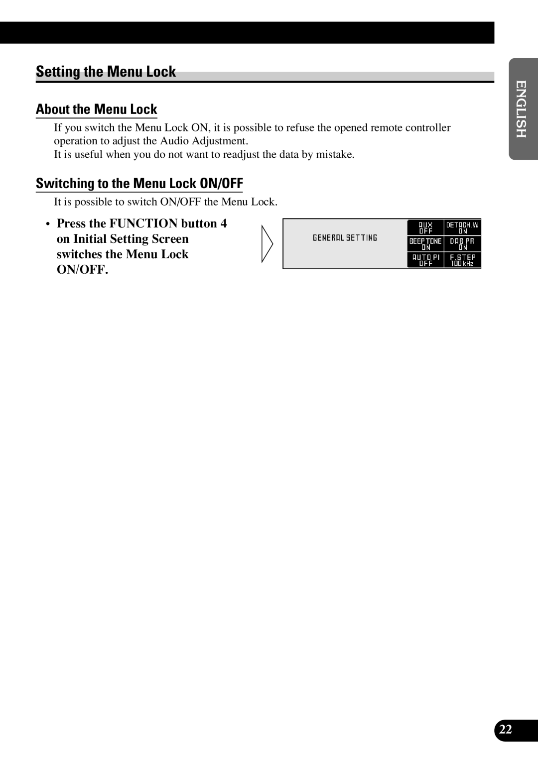 Pioneer DEX-P9R owner manual Setting the Menu Lock, About the Menu Lock, Switching to the Menu Lock ON/OFF 