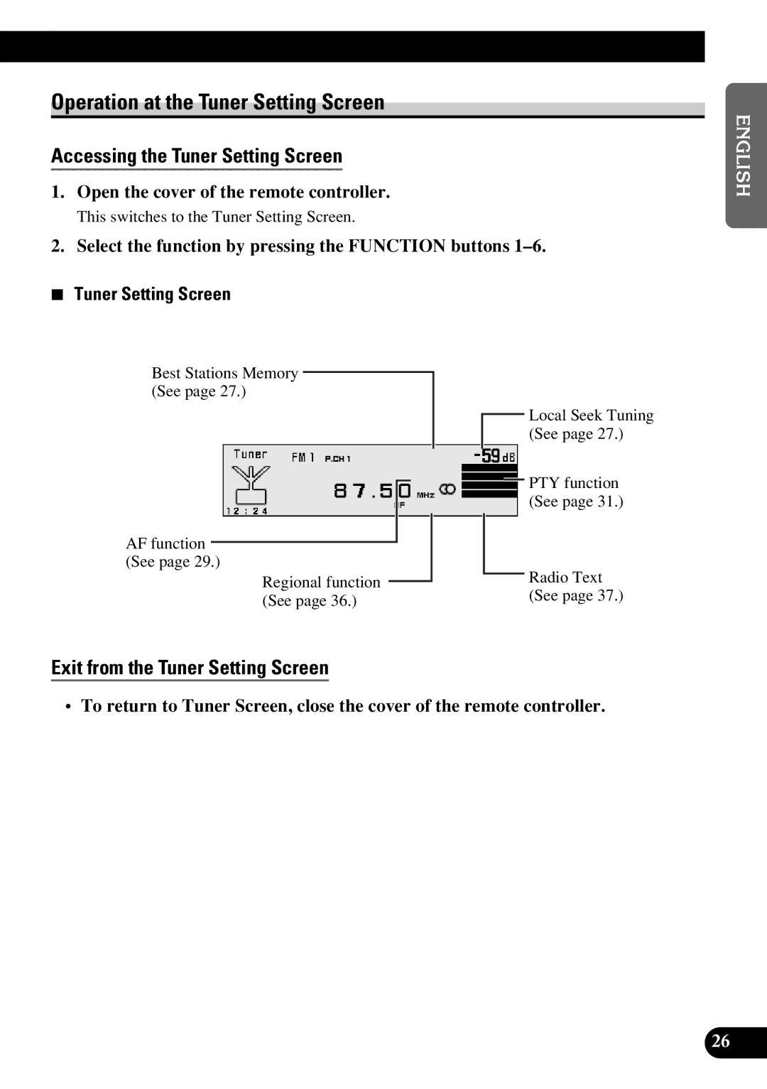 Pioneer DEX-P9R owner manual Operation at the Tuner Setting Screen, Accessing the Tuner Setting Screen 