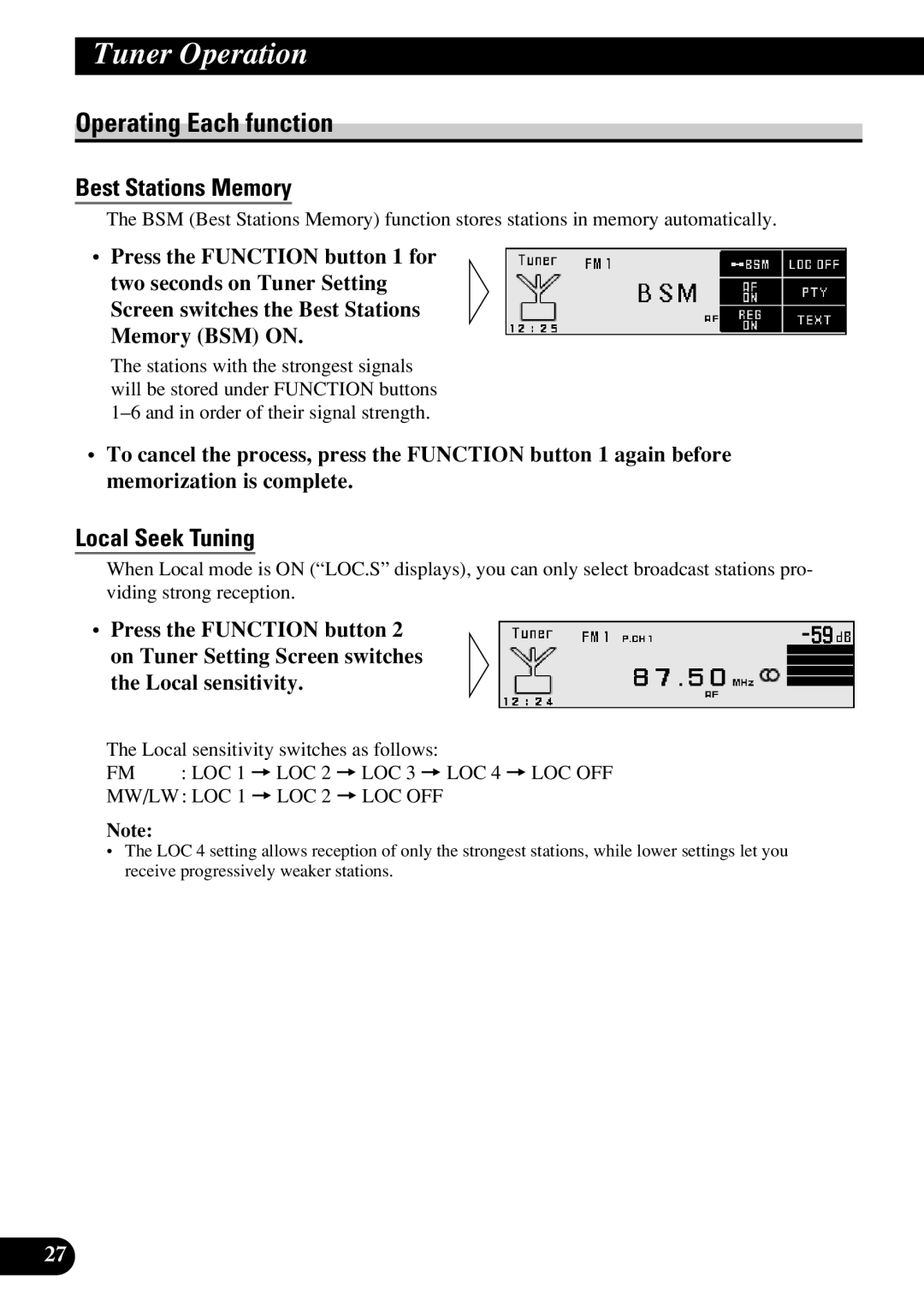 Pioneer DEX-P9R owner manual Operating Each function, Best Stations Memory, Local Seek Tuning 