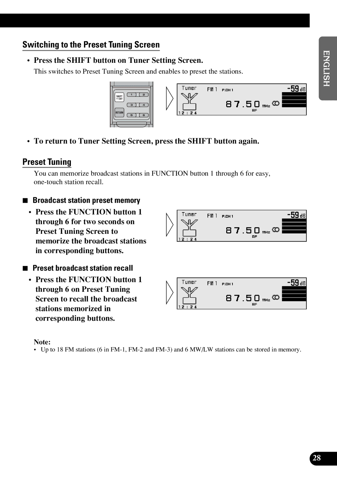 Pioneer DEX-P9R owner manual Switching to the Preset Tuning Screen, Press the Shift button on Tuner Setting Screen 