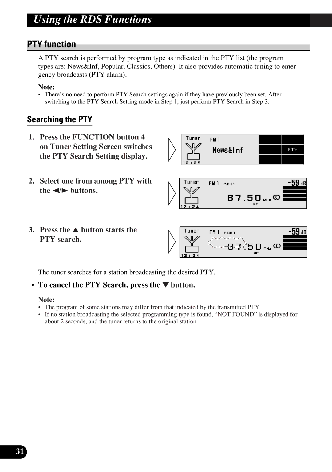 Pioneer DEX-P9R owner manual PTY function, Searching the PTY, To cancel the PTY Search, press the ∞ button 