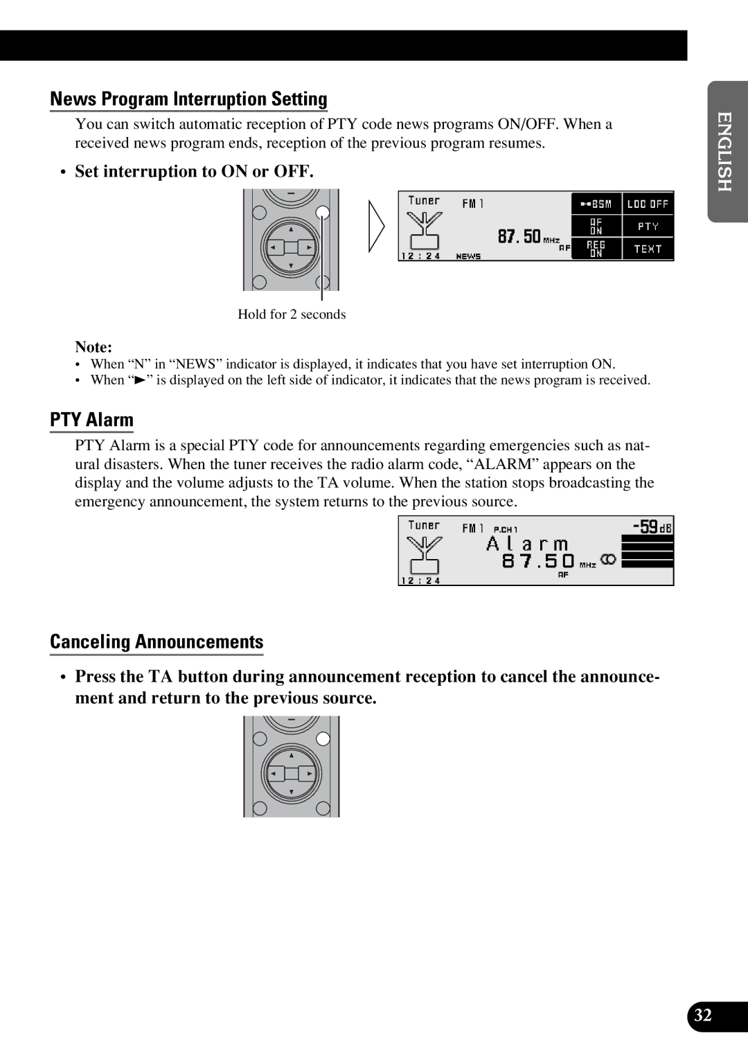 Pioneer DEX-P9R News Program Interruption Setting, PTY Alarm, Canceling Announcements, Set interruption to on or OFF 