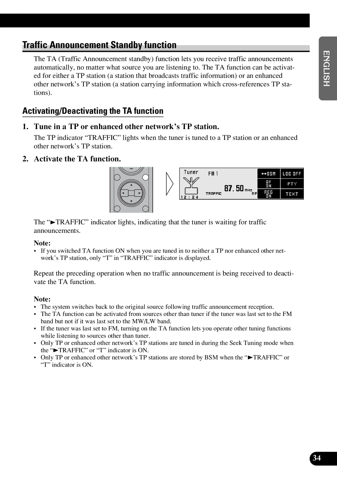 Pioneer DEX-P9R Traffic Announcement Standby function, Activating/Deactivating the TA function, Activate the TA function 