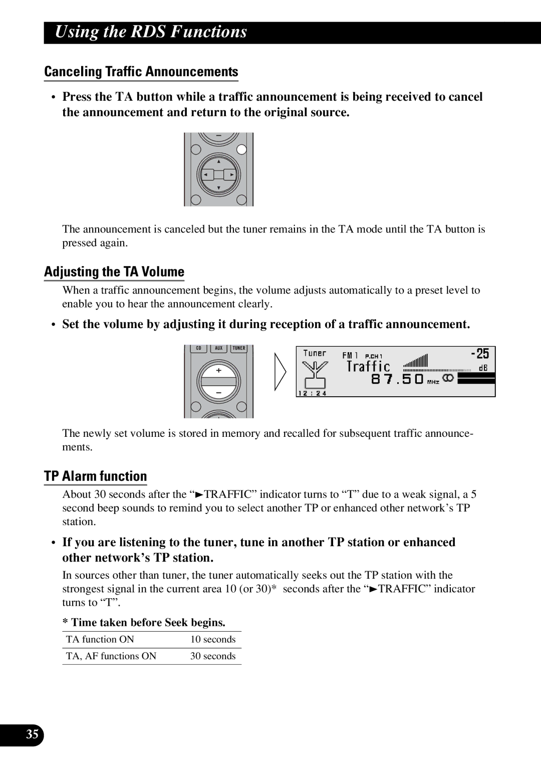 Pioneer DEX-P9R owner manual Canceling Traffic Announcements, Adjusting the TA Volume, TP Alarm function 