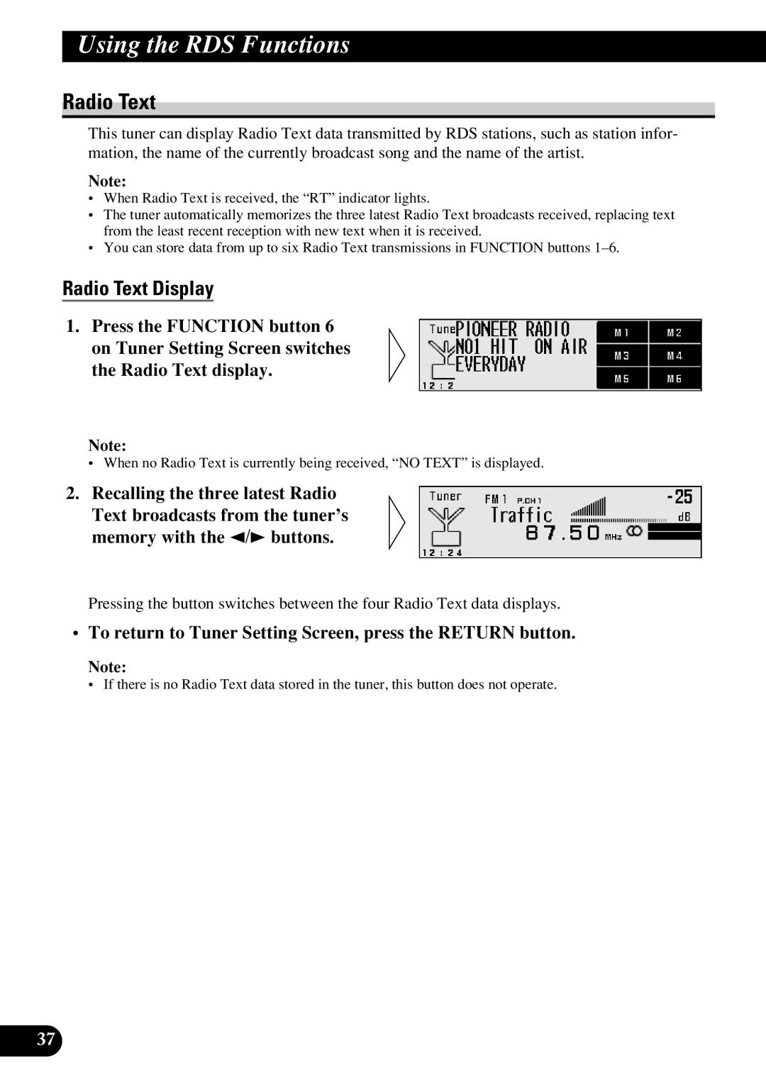 Pioneer DEX-P9R owner manual Radio Text Display, To return to Tuner Setting Screen, press the Return button 