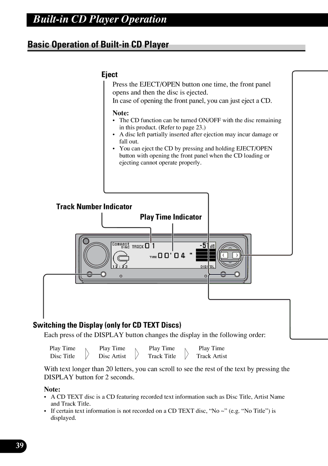 Pioneer DEX-P9R owner manual Built-in CD Player Operation, Basic Operation of Built-in CD Player, Eject 