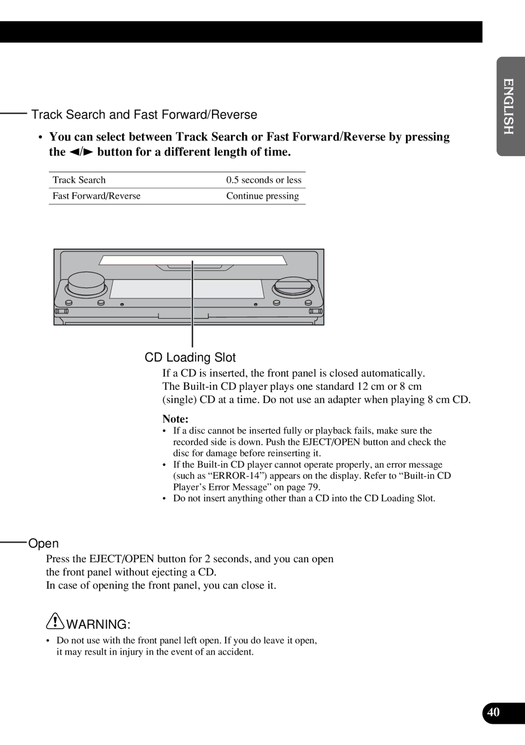 Pioneer DEX-P9R owner manual Track Search and Fast Forward/Reverse, CD Loading Slot, Open 