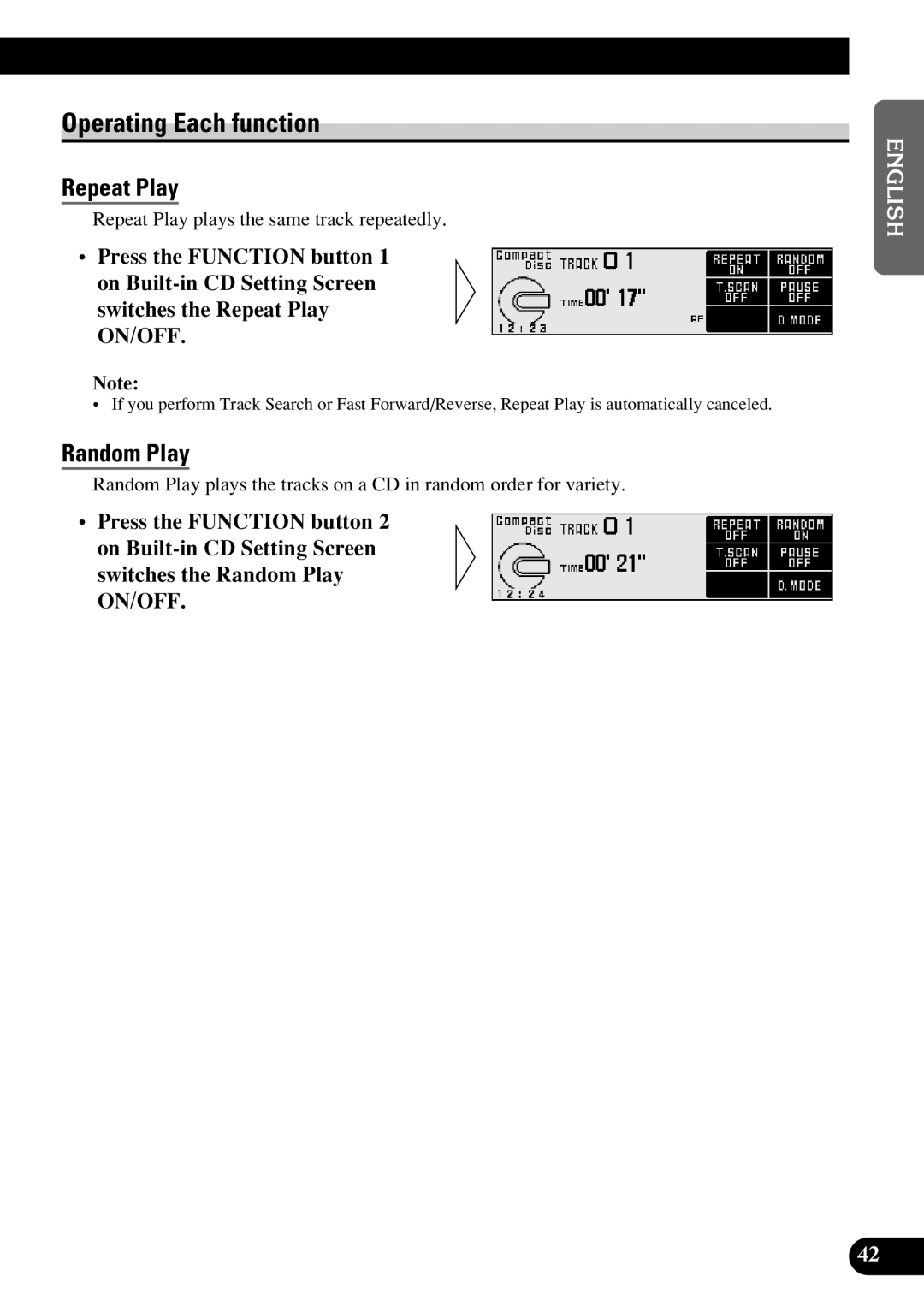 Pioneer DEX-P9R owner manual Repeat Play, Random Play 