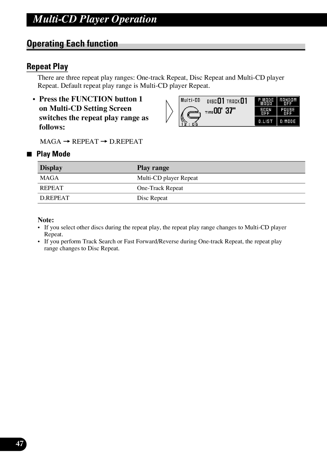 Pioneer DEX-P9R owner manual Play Mode, Display Play range 