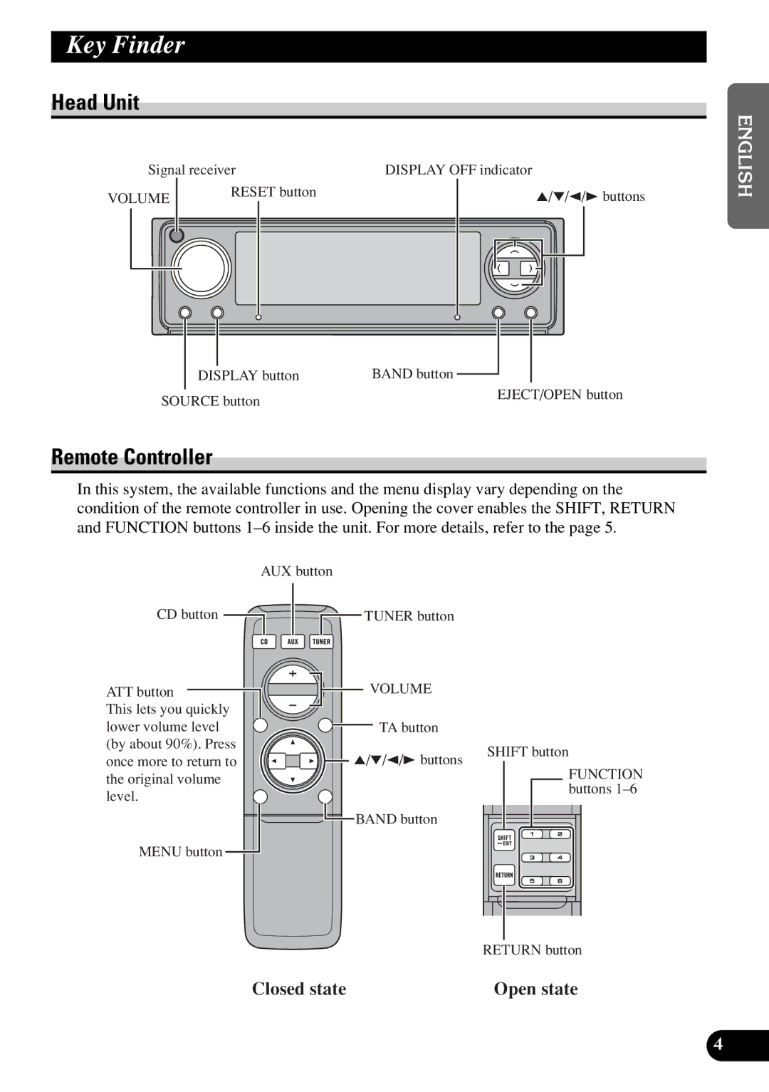 Pioneer DEX-P9R owner manual Key Finder, Head Unit, Remote Controller, Closed state Open state 