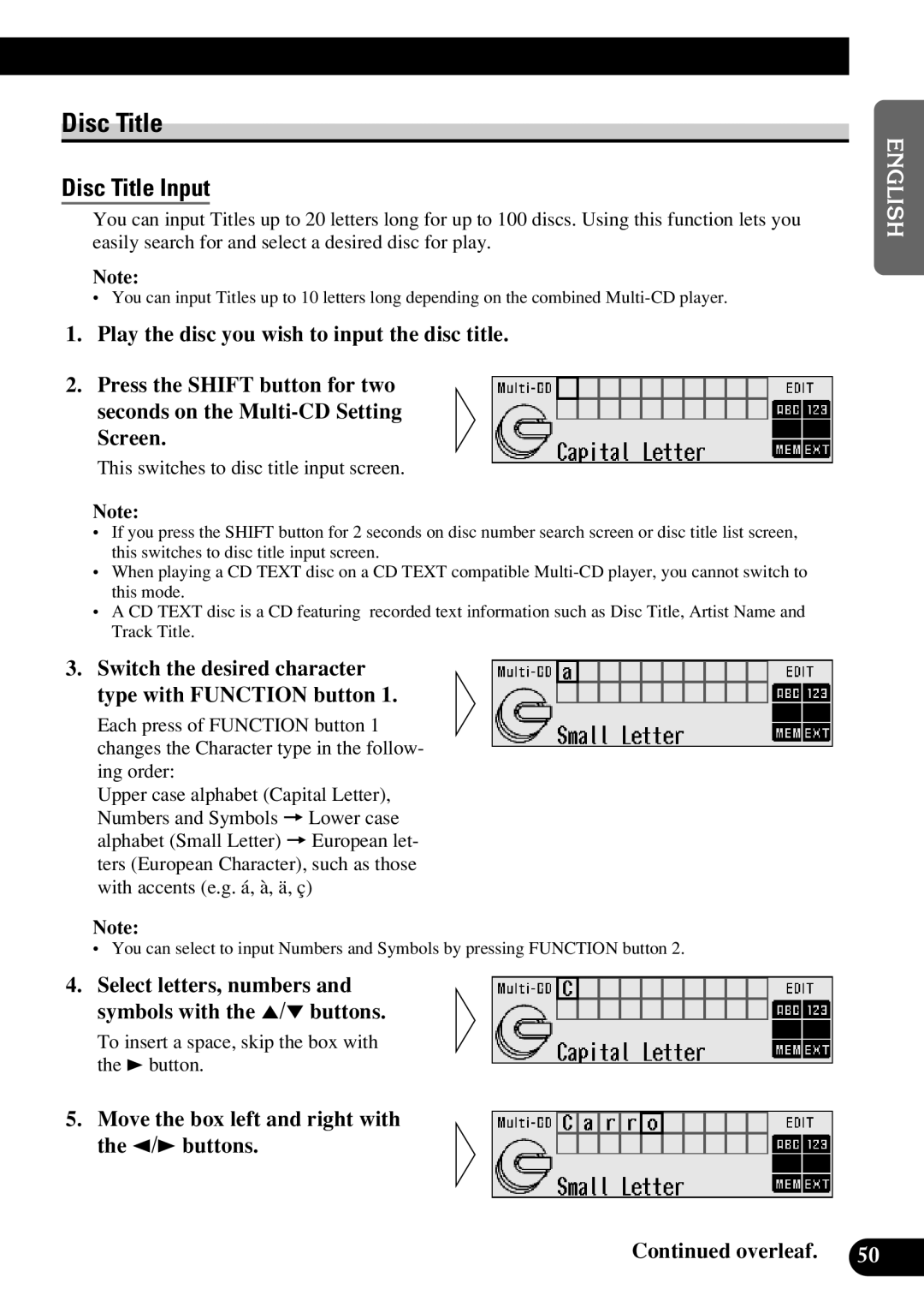 Pioneer DEX-P9R owner manual Disc Title, Switch the desired character type with Function button 