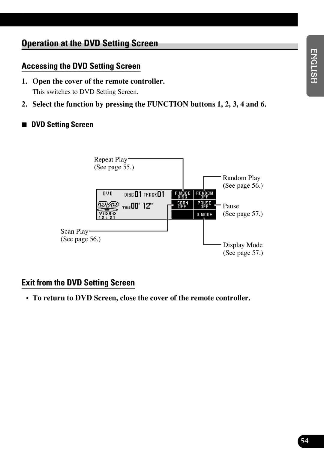 Pioneer DEX-P9R Operation at the DVD Setting Screen, Accessing the DVD Setting Screen, Exit from the DVD Setting Screen 