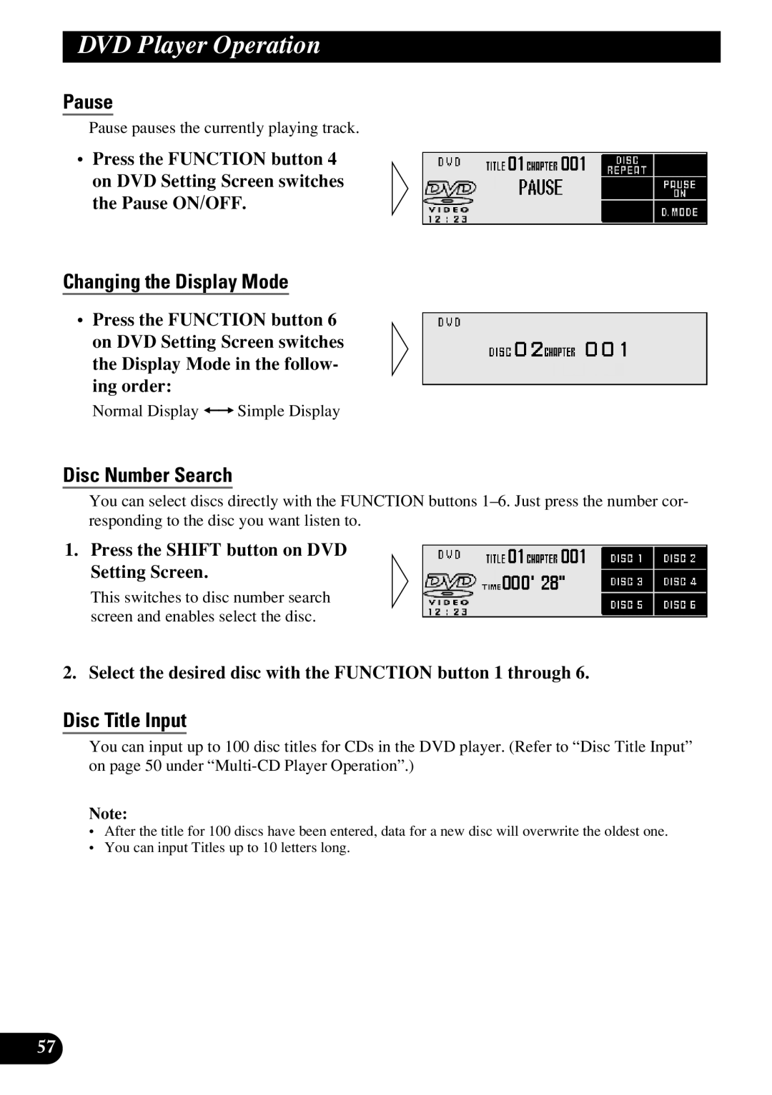 Pioneer DEX-P9R Press the Shift button on DVD Setting Screen, Select the desired disc with the Function button 1 through 