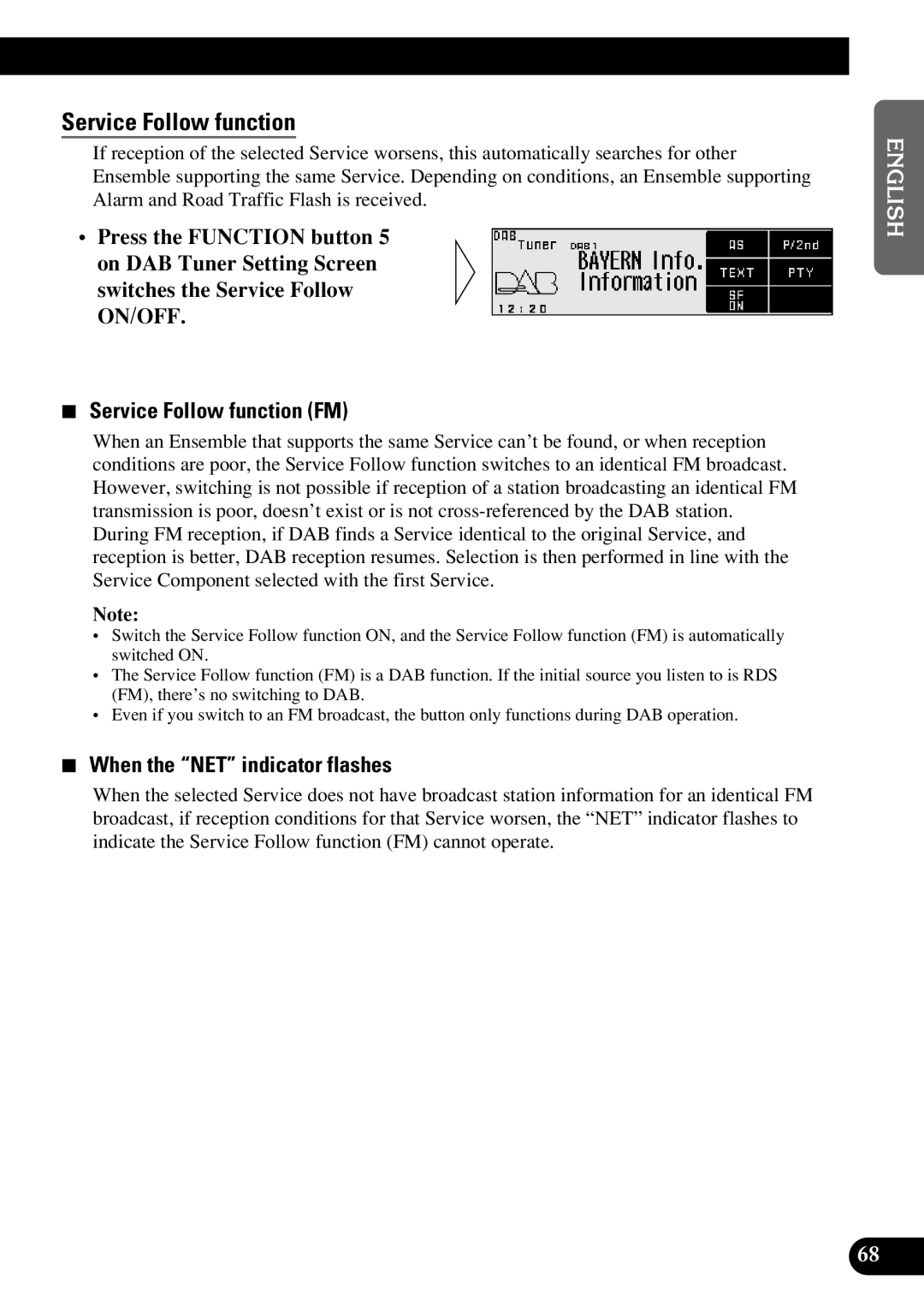 Pioneer DEX-P9R owner manual Service Follow function FM, When the NET indicator flashes 