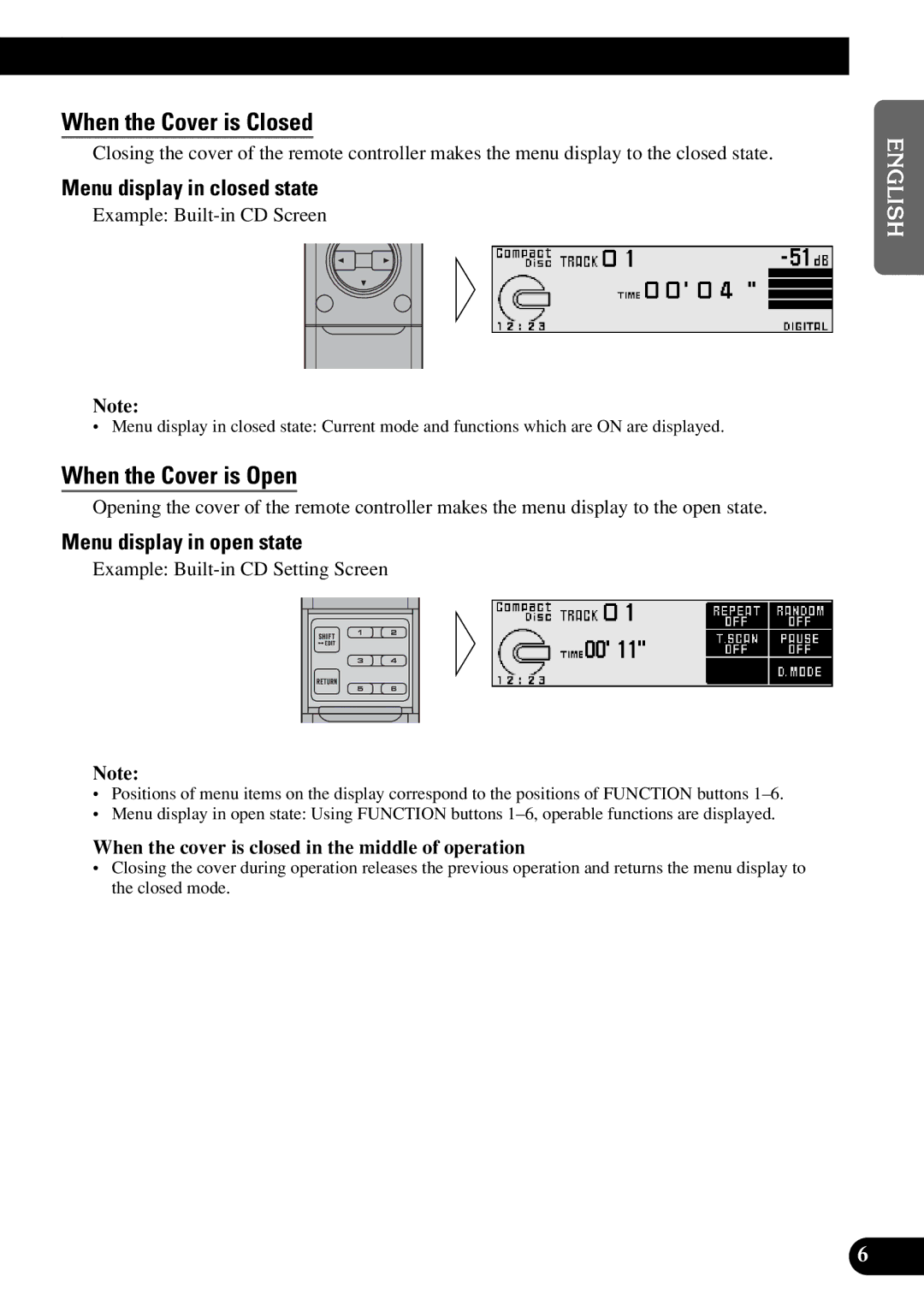 Pioneer DEX-P9R When the Cover is Closed, When the Cover is Open, Menu display in closed state, Menu display in open state 