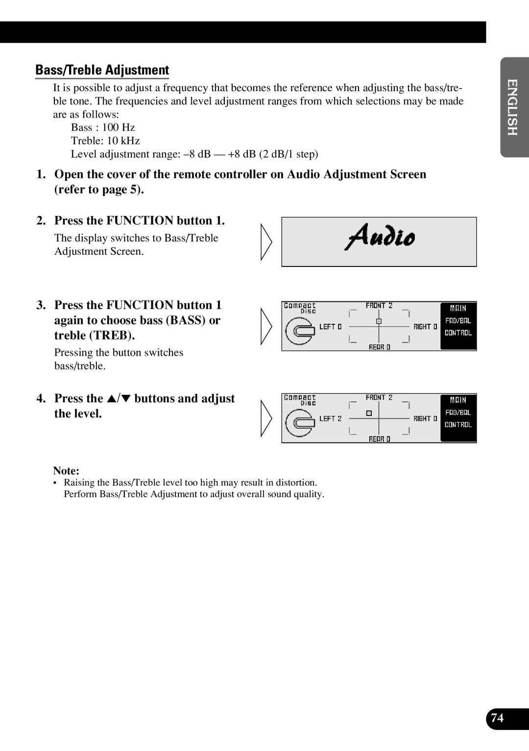 Pioneer DEX-P9R owner manual Bass/Treble Adjustment, Press the 5/∞ buttons and adjust the level 