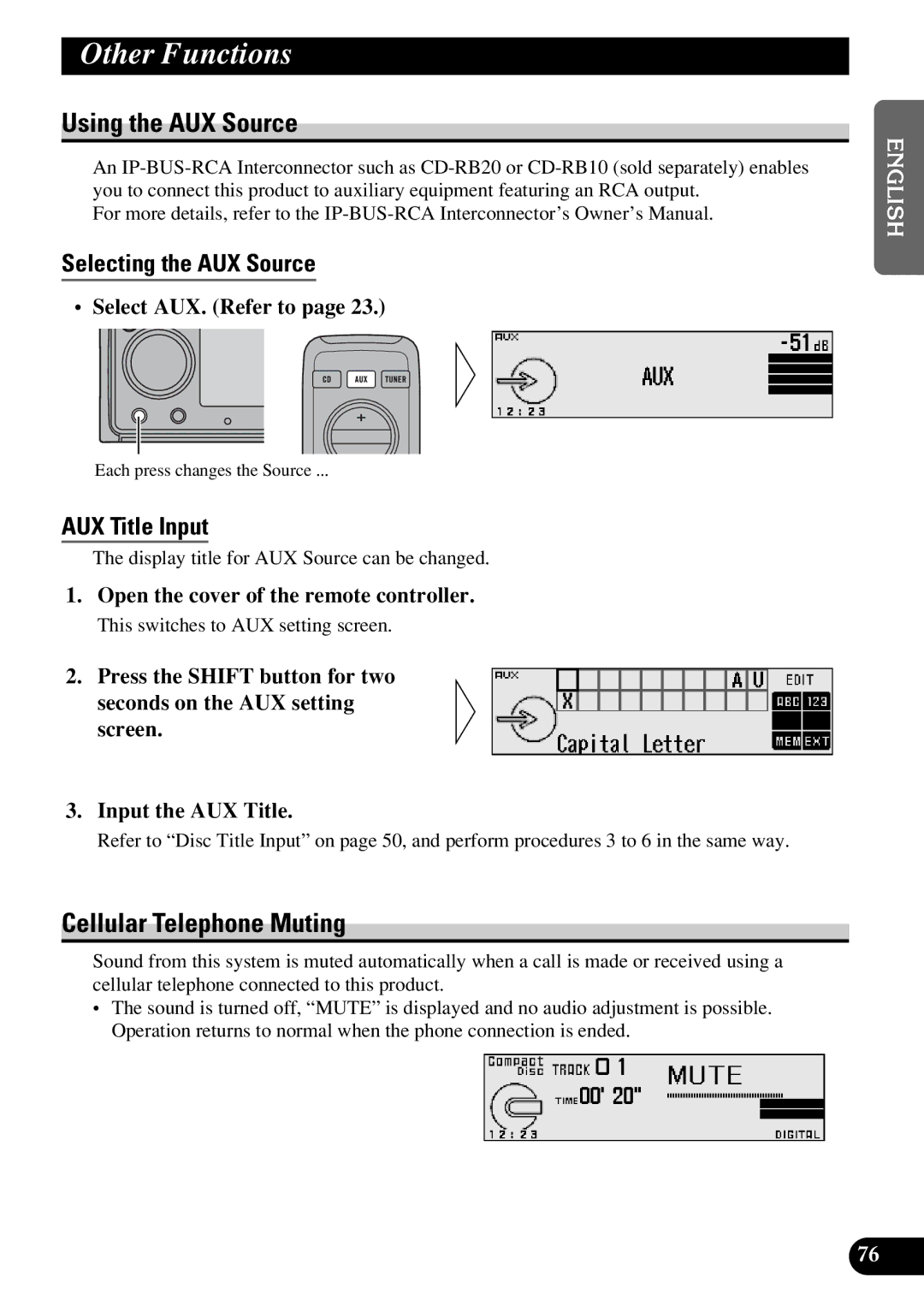 Pioneer DEX-P9R owner manual Other Functions, Using the AUX Source, Cellular Telephone Muting, Selecting the AUX Source 